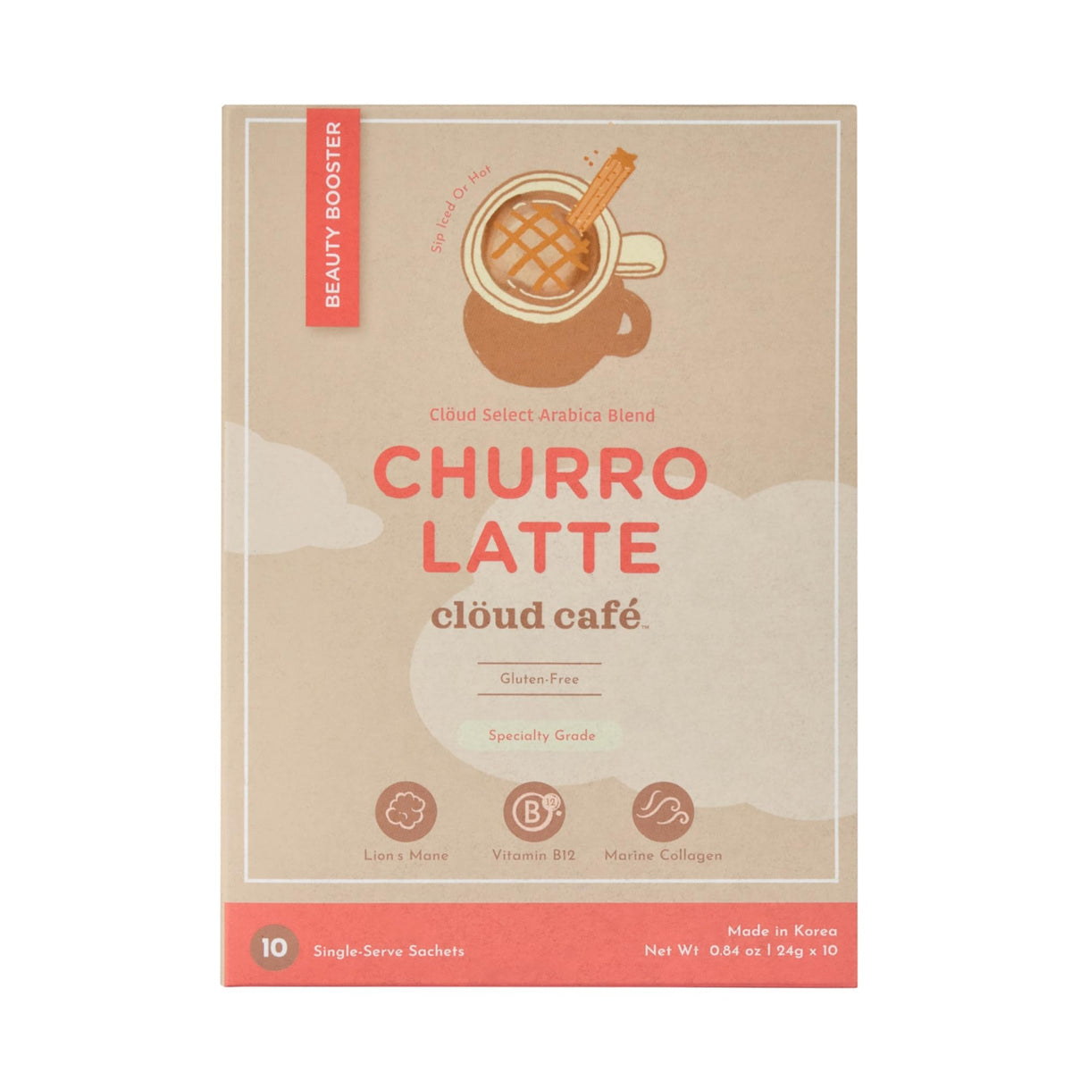 Clöud Café sobres churro latte con colágeno, listo para disfrutar.