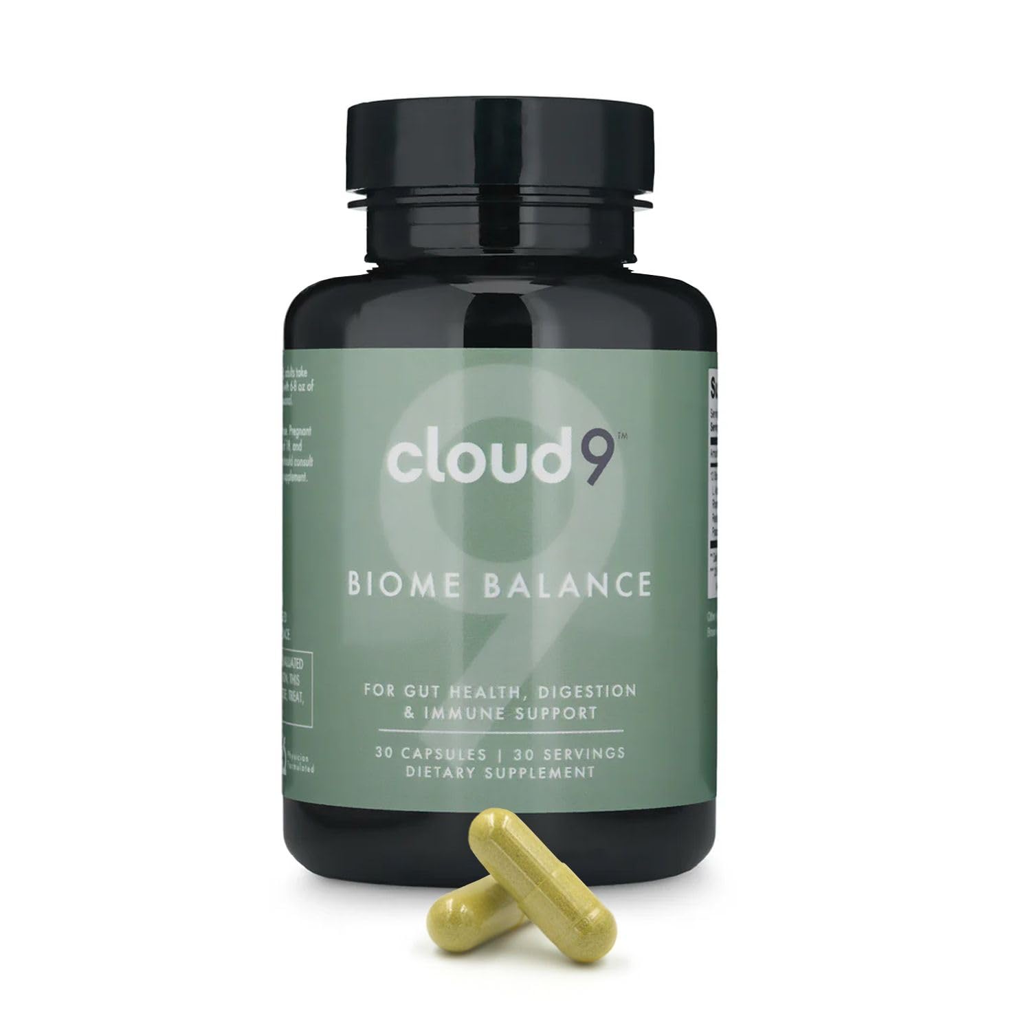 CLOUD9 Biome Balance botella con cápsulas para apoyo digestivo diario.