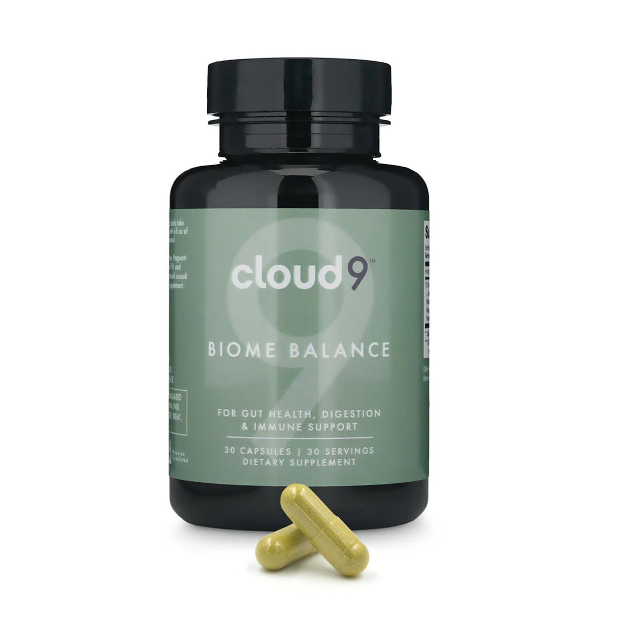 CLOUD9 Biome Balance botella con cápsulas para apoyo digestivo diario.