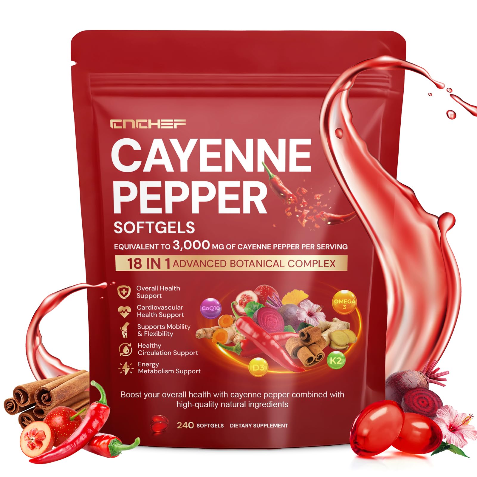 CNCHEF Cayenne Softgels: botella en vertido, apoyo potencial a la circulación diaria