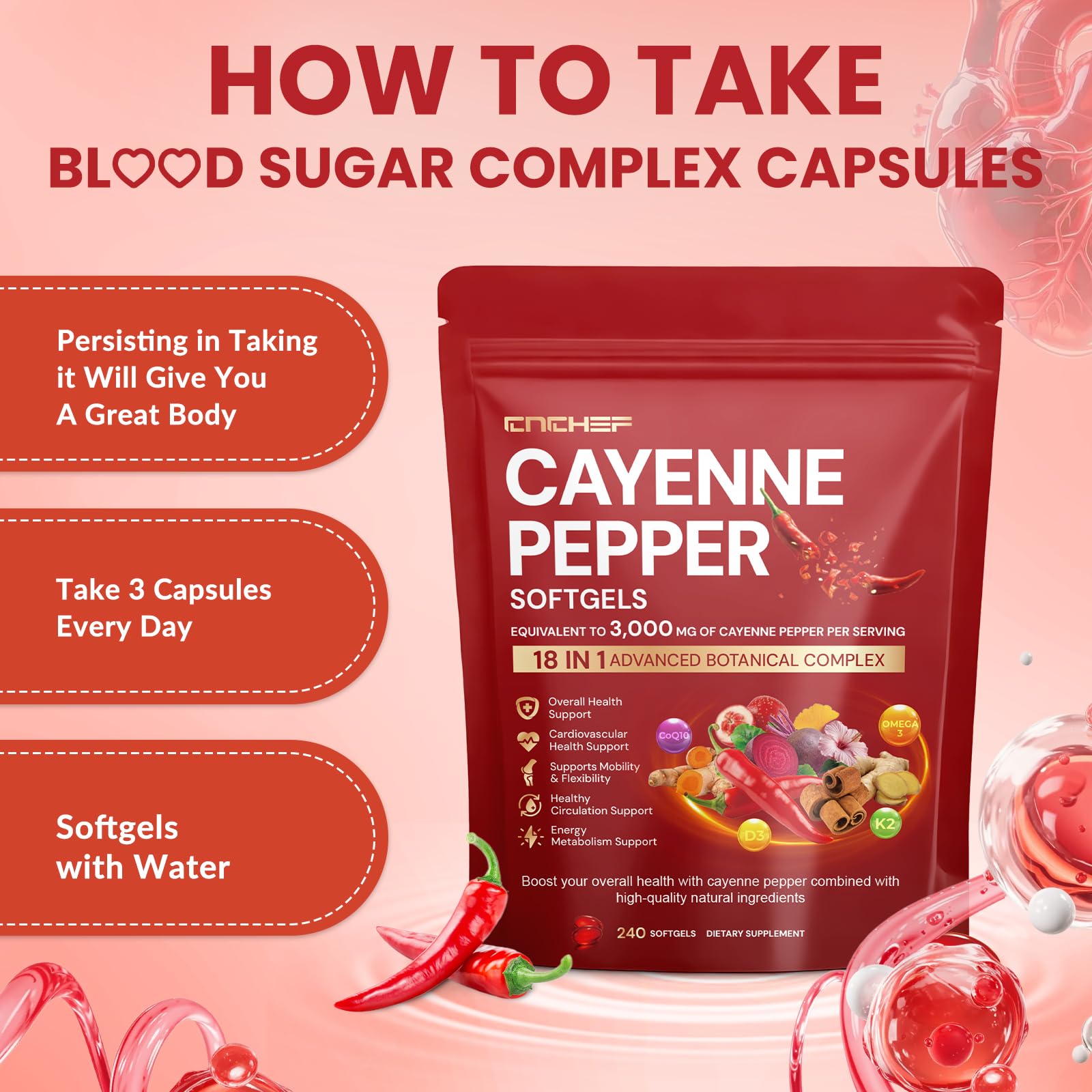 CNCHEF Cayenne Softgels: caja compacta, fácil de transportar en la bolsa