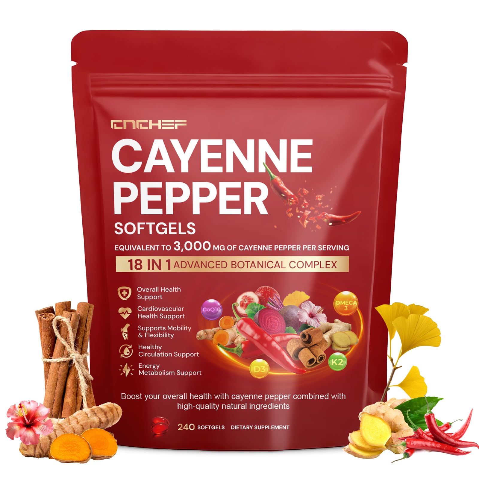 CNCHEF Cayenne Softgels: cápsulas sueltas, consumo cómodo en casa o viaje