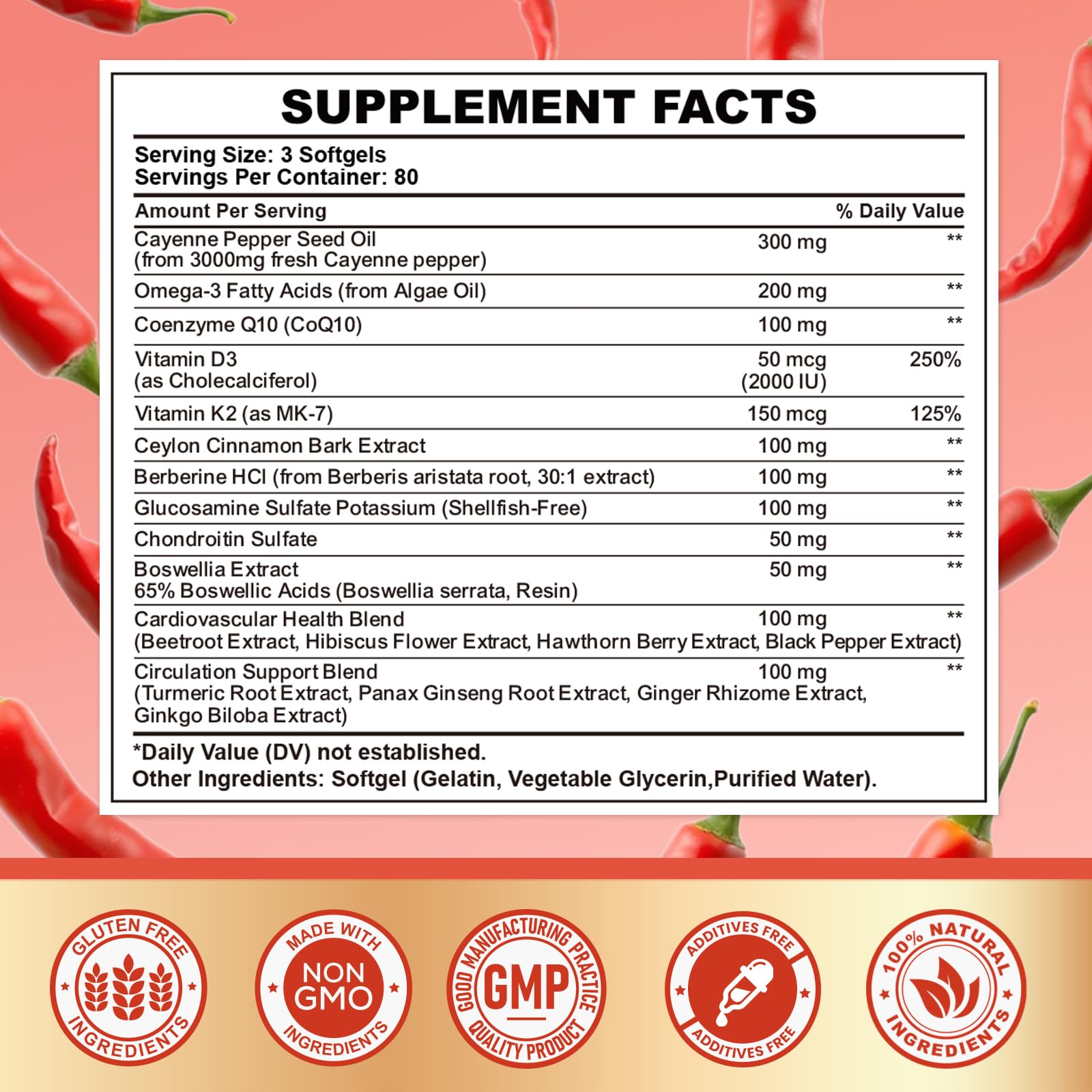 CNCHEF Cayenne Softgels: etiqueta frontal, enfoque en ingredientes para vitalidad y bienestar