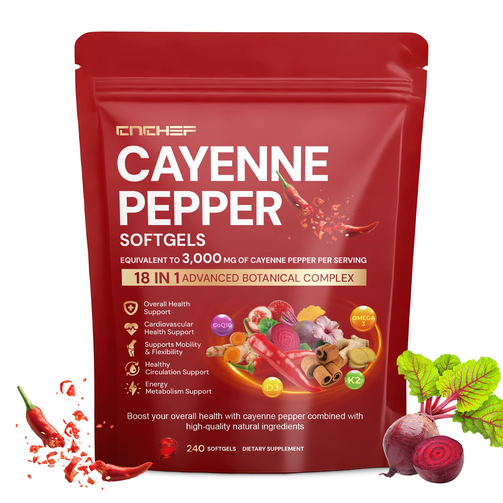 CNCHEF Cayenne Softgels: etiqueta nutricional clara para decisiones informadas