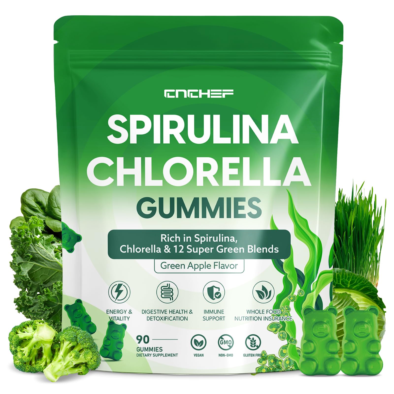 Gomitas CNCHEF spirulina y clorofila en botella para energía diaria.