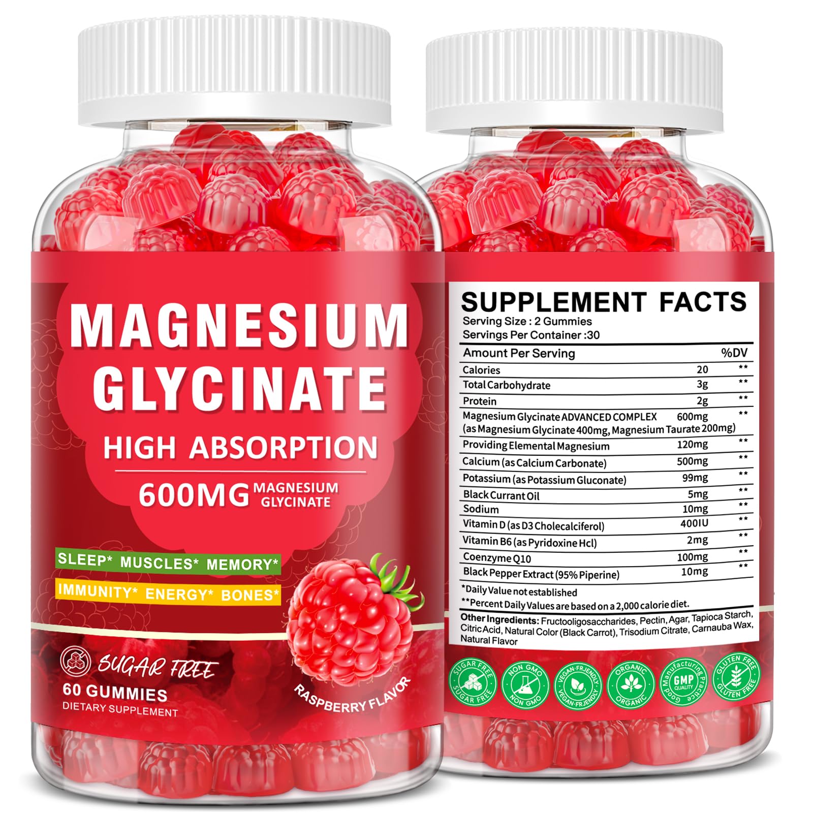 CNFHDI gomitas magnesio glicinato 600mg, botella visible, apoyo relajante para la noche