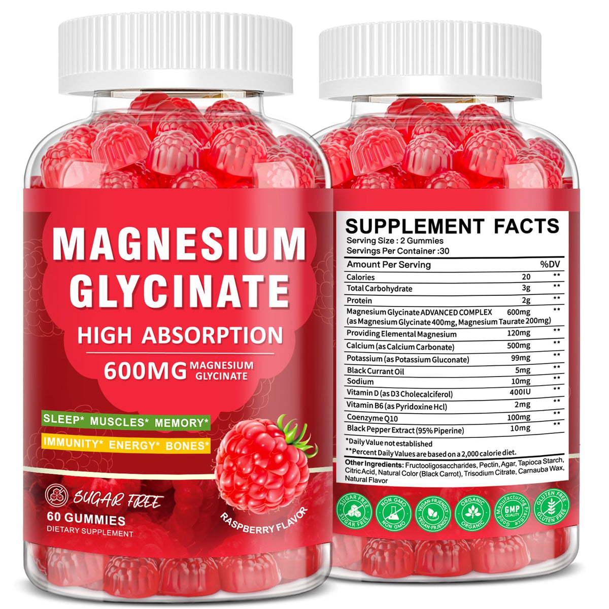 CNFHDI gomitas magnesio glicinato 600mg, botella visible, apoyo relajante para la noche