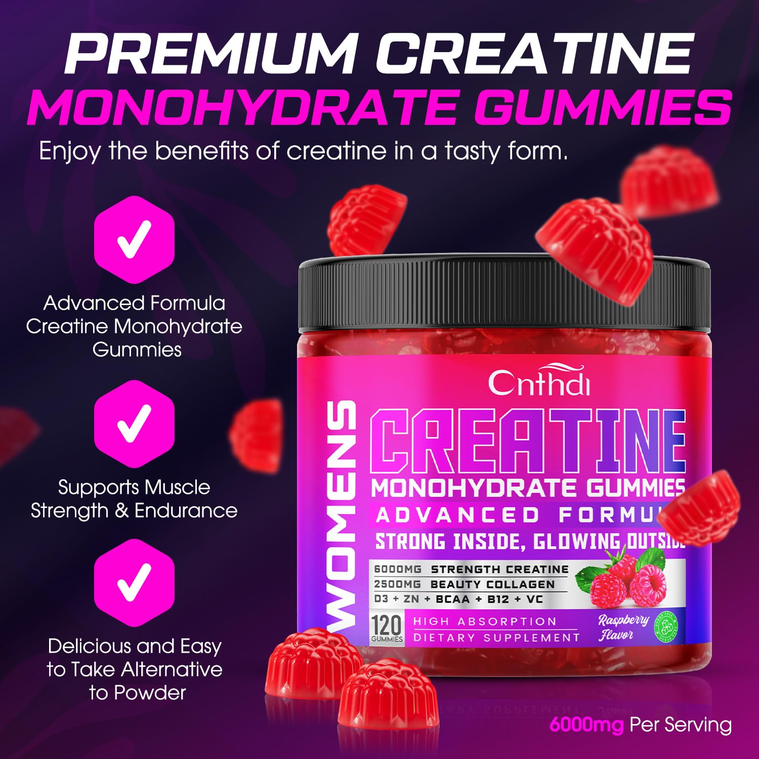 CNFHDI gomitas de creatina, vista trasera, información de ingredientes para decisión informada.