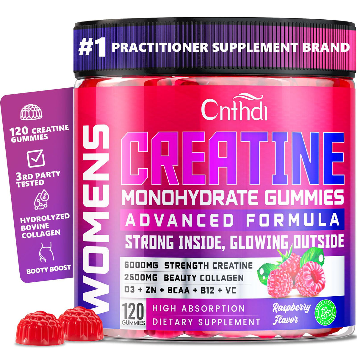 CNFHDI gomitas de creatina, vista frontal, promueven mayor fuerza en entrenamientos.