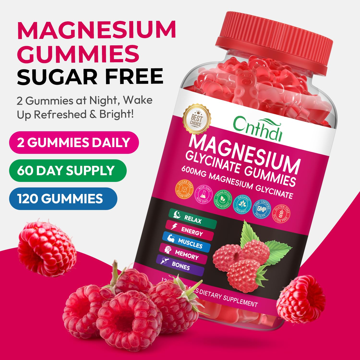 CNFHDI gomitas magnesio glicinato relajación nocturna sabor frambuesa