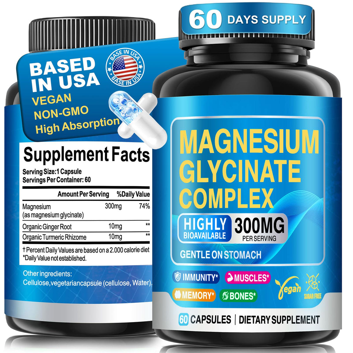 CNFHDI Magnesio glicinato 300 mg en botella, apoyo para relajación suave y descanso.
