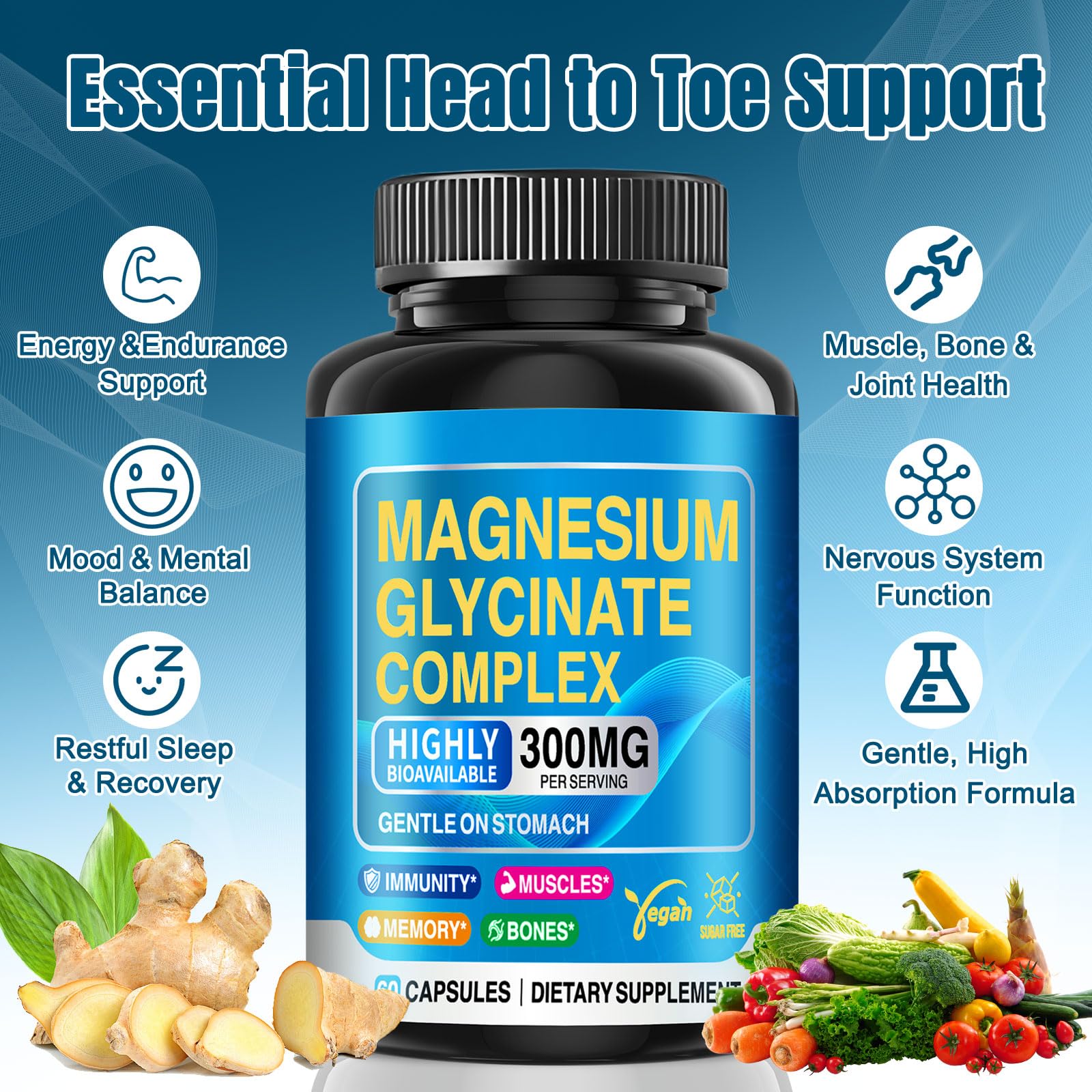 CNFHDI Magnesio glicinato 300 mg en cápsulas, absorción alta para recuperación muscular.