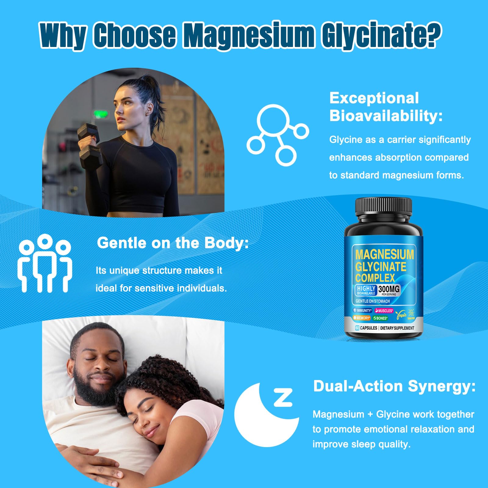 CNFHDI Magnesio glicinato 300 mg, recuperación muscular tras entrenamiento.