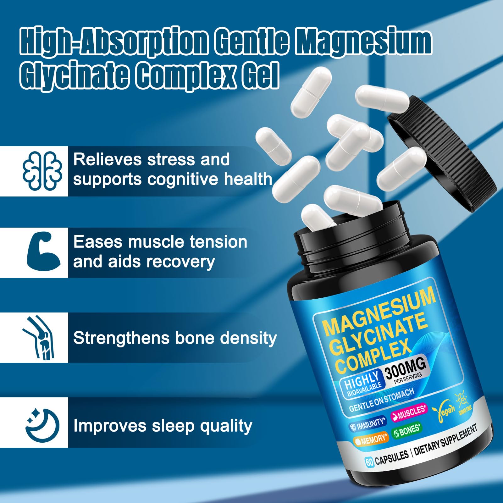 CNFHDI Magnesio glicinato 300 mg, relajación diaria para tranquilizar la mente.