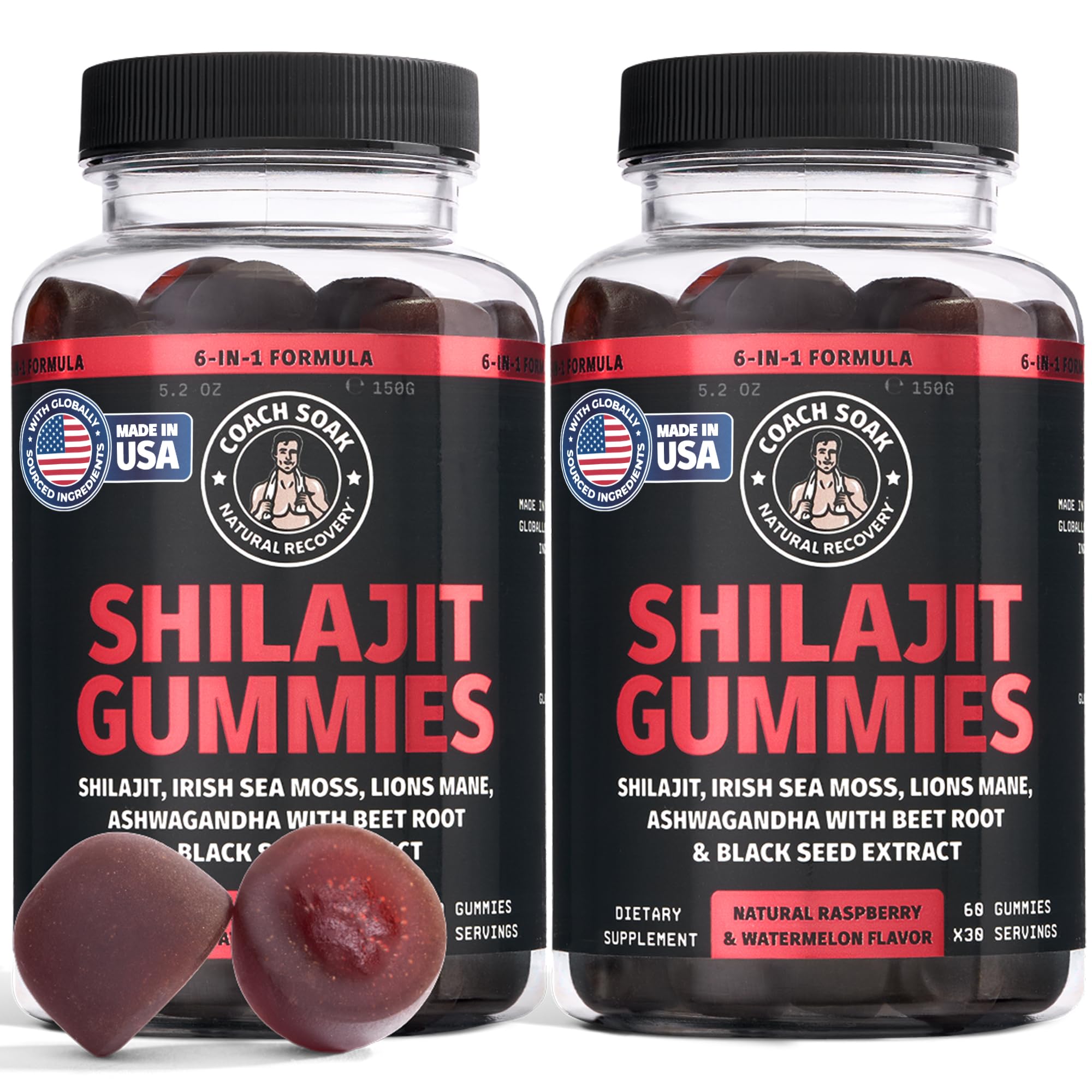 Gomitas Coach Soak Shilajit Frambuesa-Melón para energía diaria y sabor agradable.
