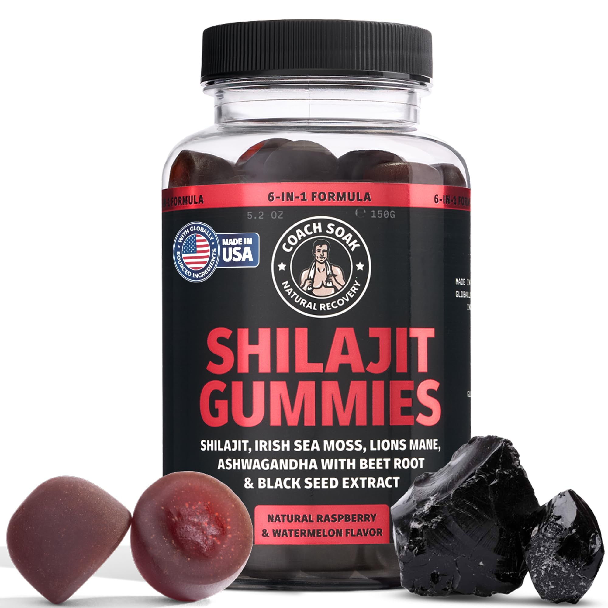 Coach Soak Shilajit Gummies 6-en-1 frente a la caja, apoyo para energía diaria.