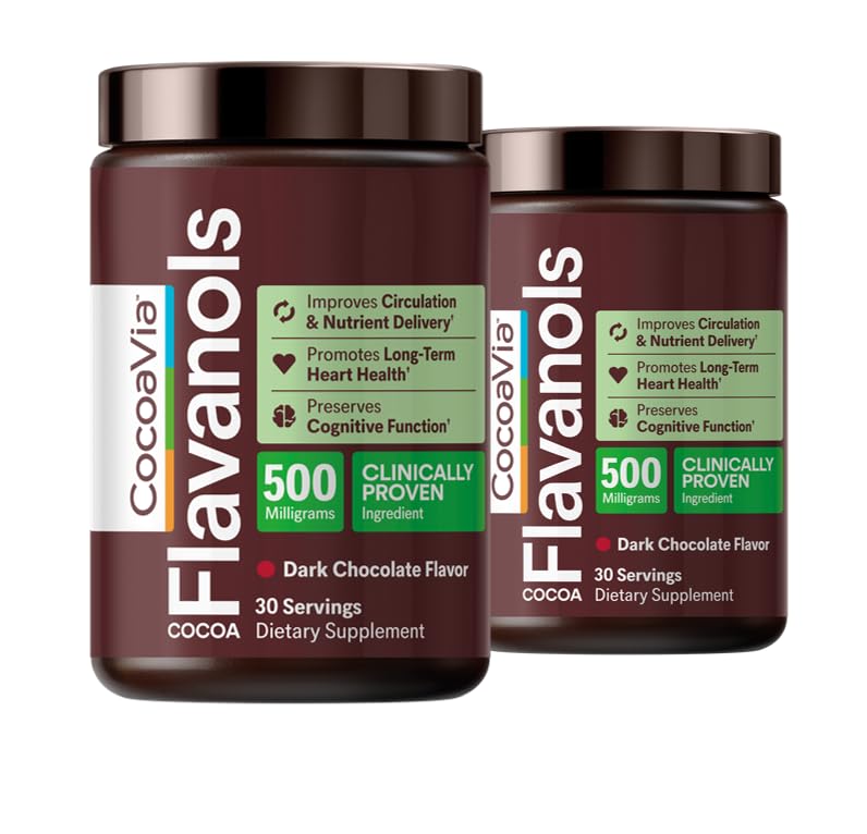 CocoaVia botella vertiendo flavanoles para soporte cardiovascular y flujo sanguíneo.