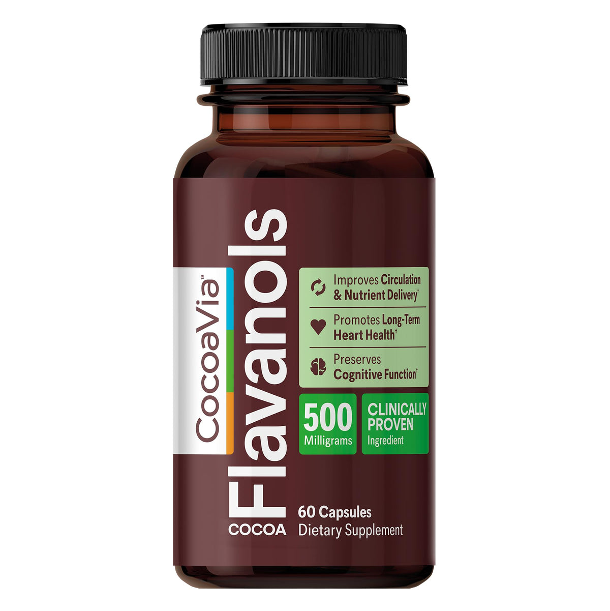 CocoaVia cápsulas 500 mg, enfoque en circulación y salud del corazón