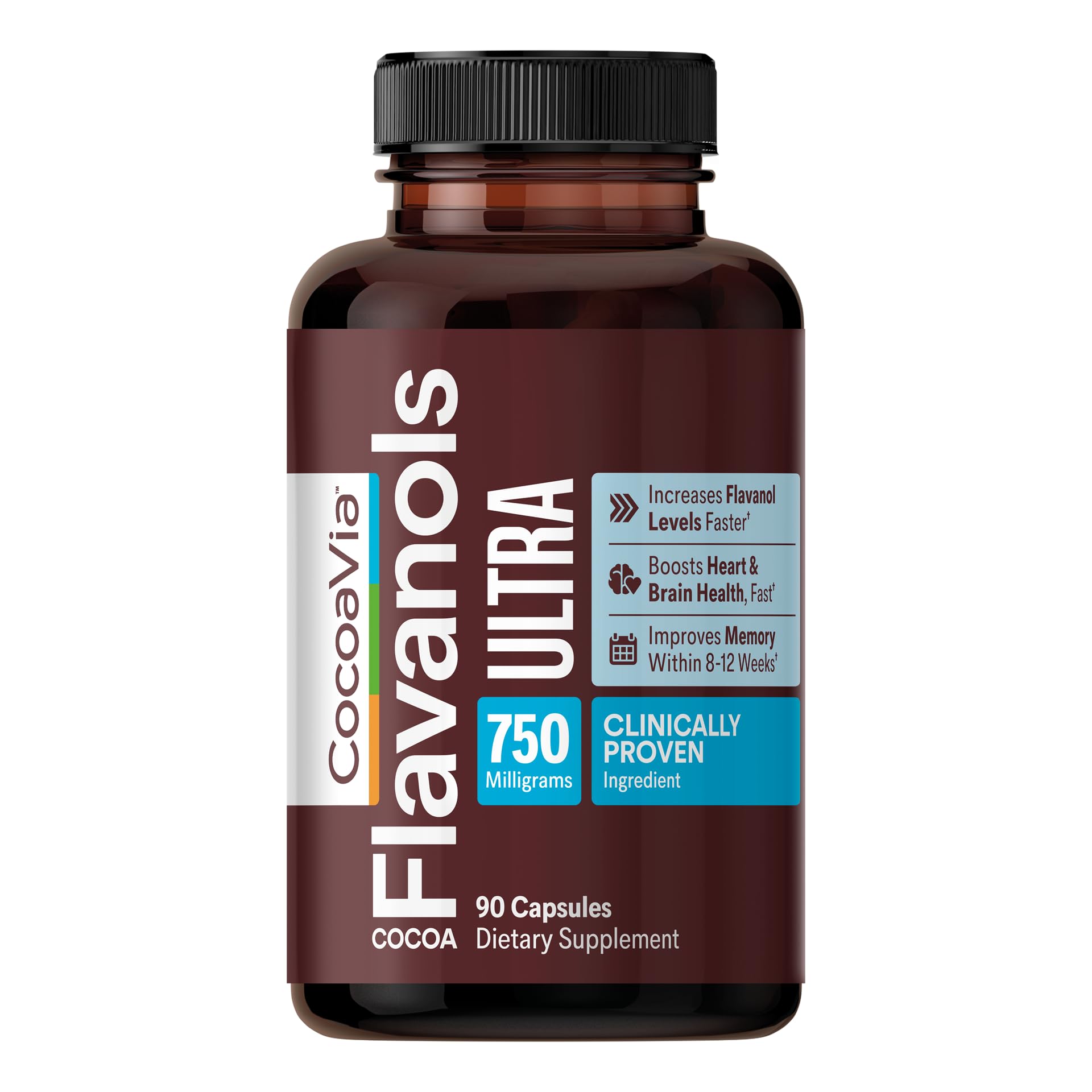 CocoaVia Ultra 750mg cápsulas en botella, apoyo al corazón