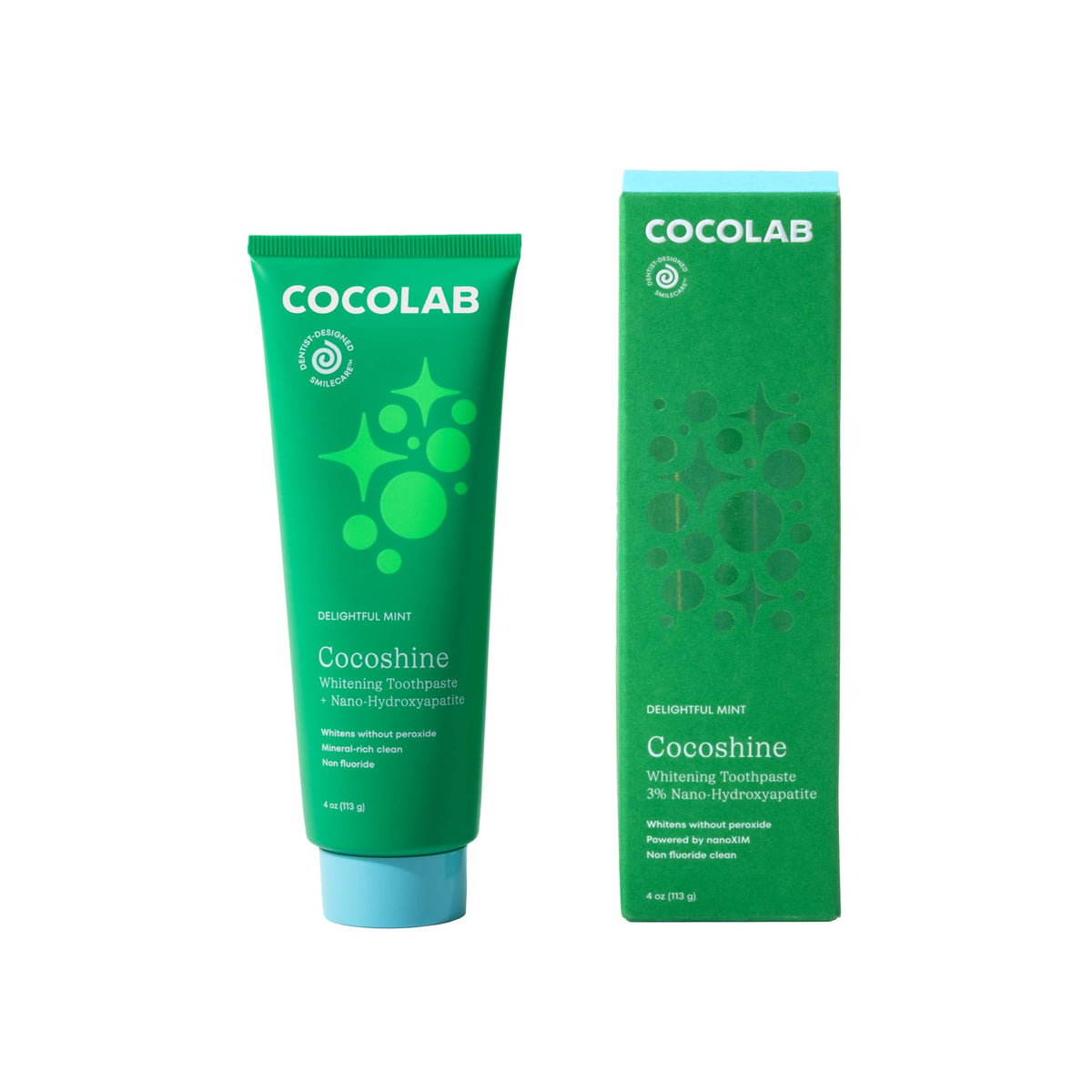 Cocolab Cocoshine con nano-hidroxiapatita y pasta dental suave para blanqueamiento progresivo.