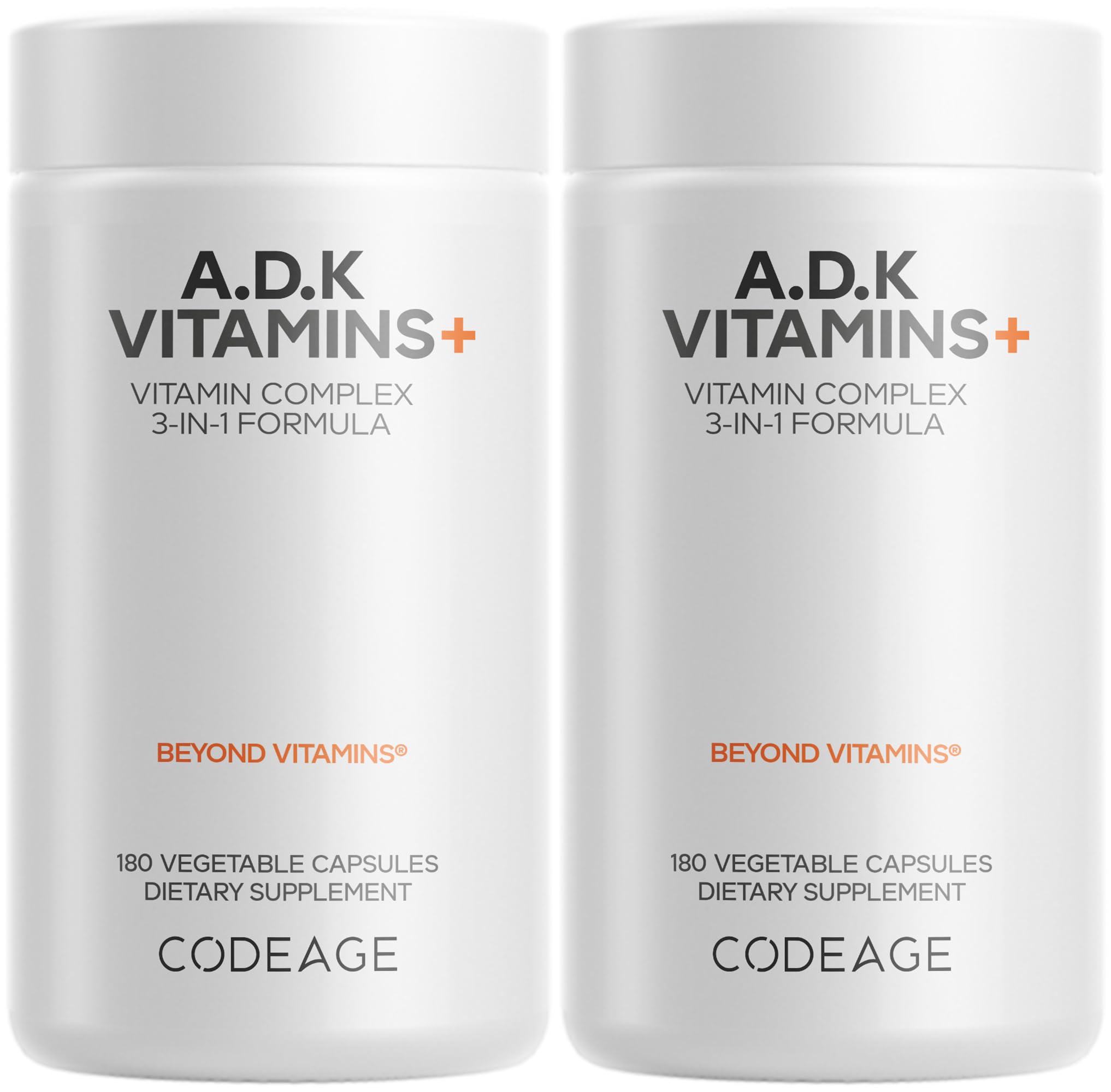 Codeage ADK Vitamins+ botella vista frontal lista para dosis diaria.