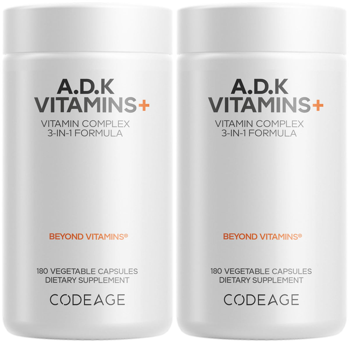 Codeage ADK Vitamins+ botella vista frontal lista para dosis diaria.
