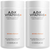 Codeage ADK Vitamins+ botella vista frontal lista para dosis diaria.