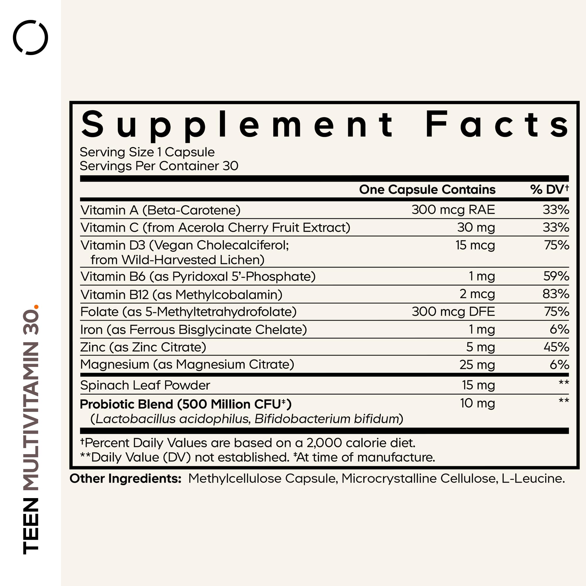 Codeage multivitaminas para adolescentes con etiqueta clara y legible para identificar nutrientes.