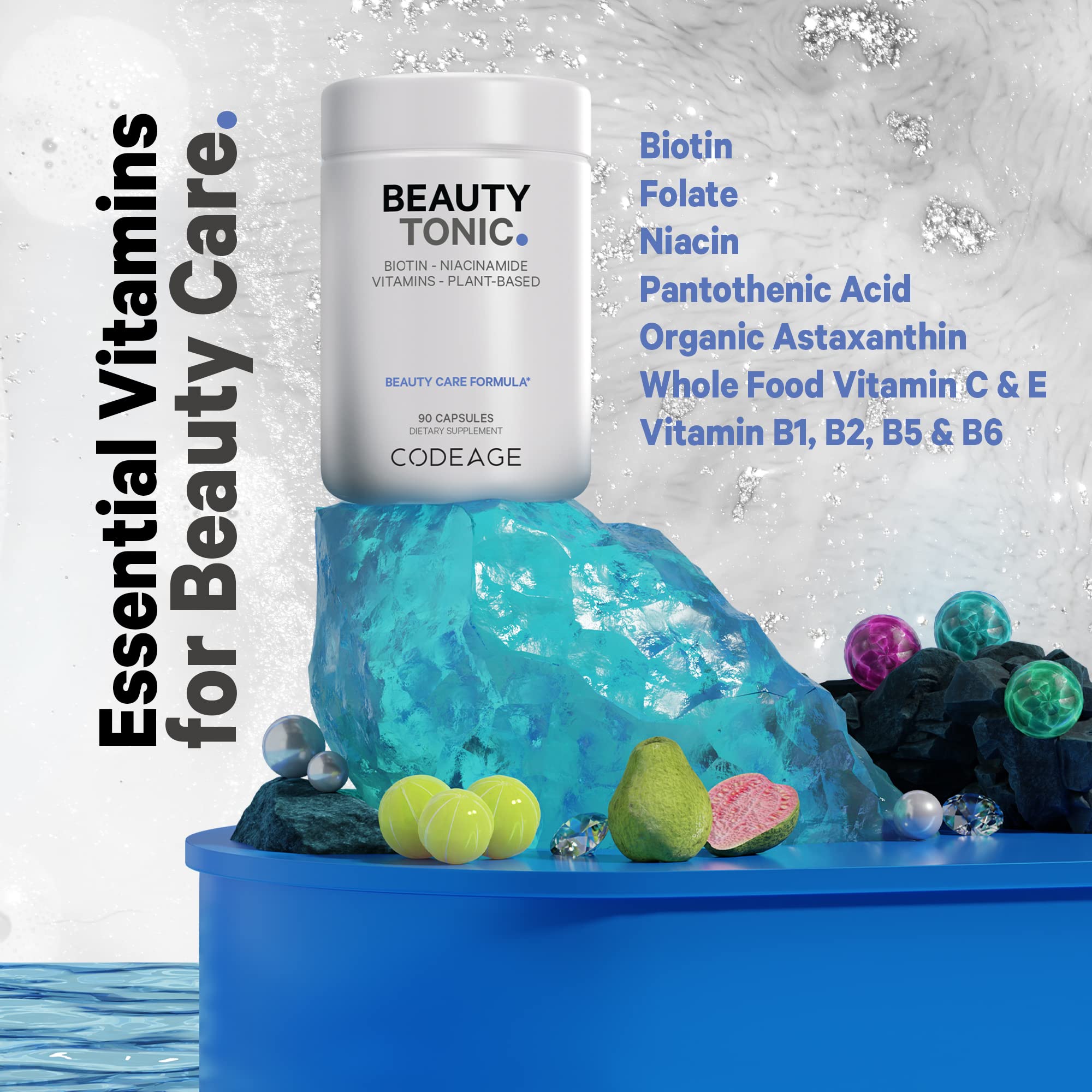 Codeage Biotina etiqueta CGMP que garantiza calidad y seguridad.