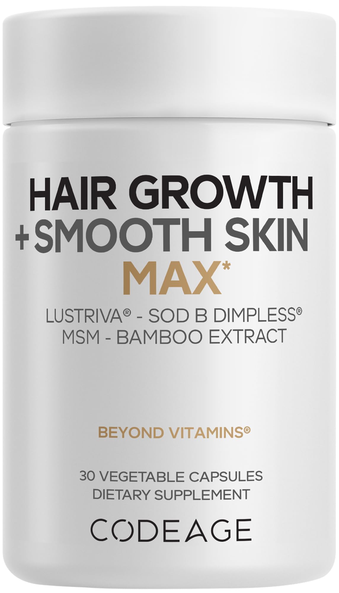 Codeage Hair Growth Smooth Skin Max frasco con cápsulas y Lustriva para cabello más lleno