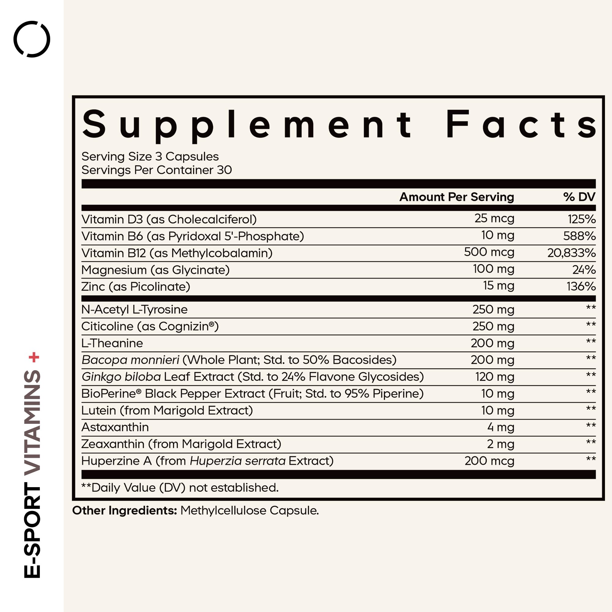 Codeage E-Sport Vitamins+ etiqueta trasera con información nutricional útil