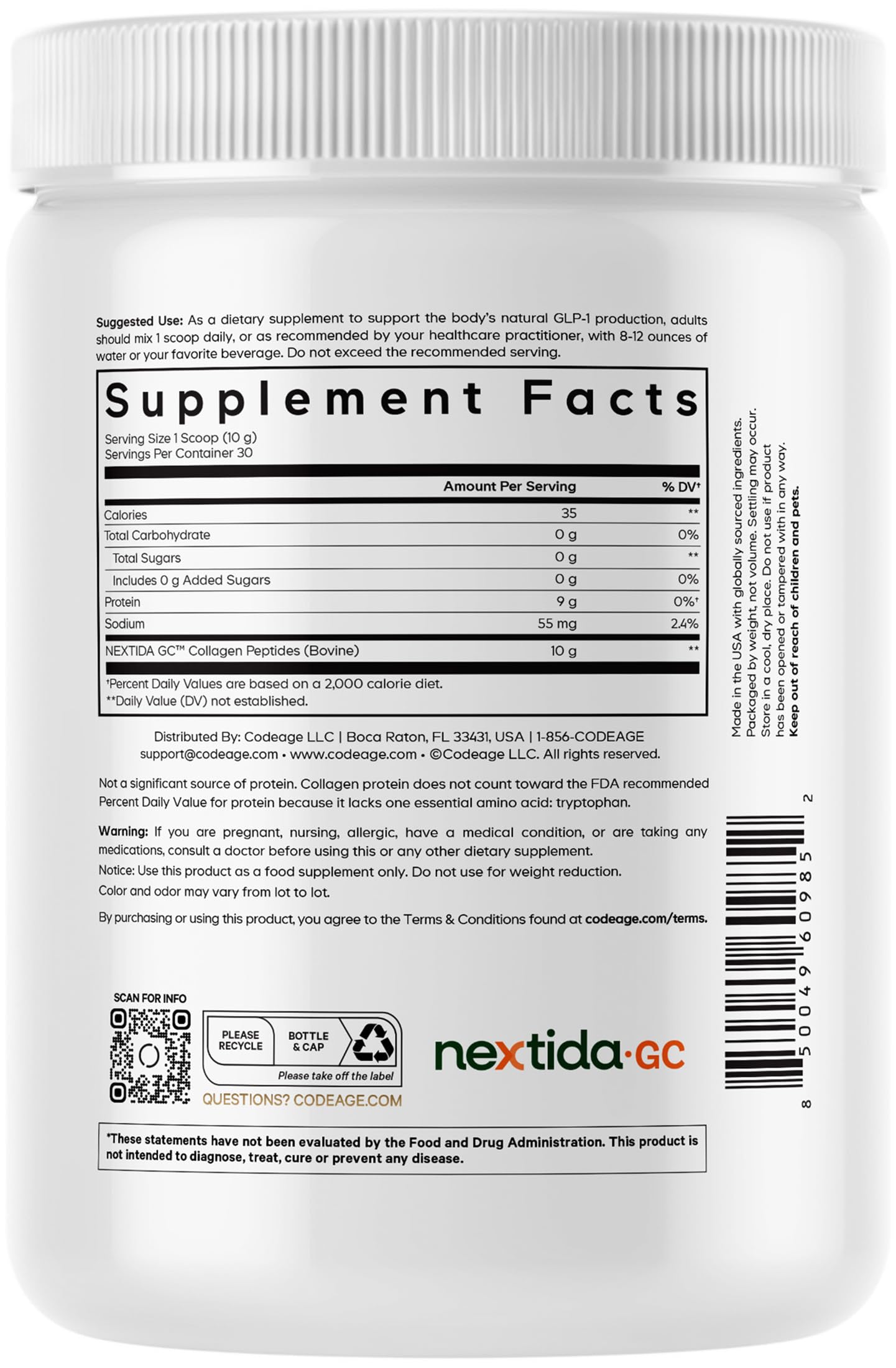 Codeage GLP-1 Collagen Polvo, hecho en EE. UU., fabricación en instalaciones certificadas.