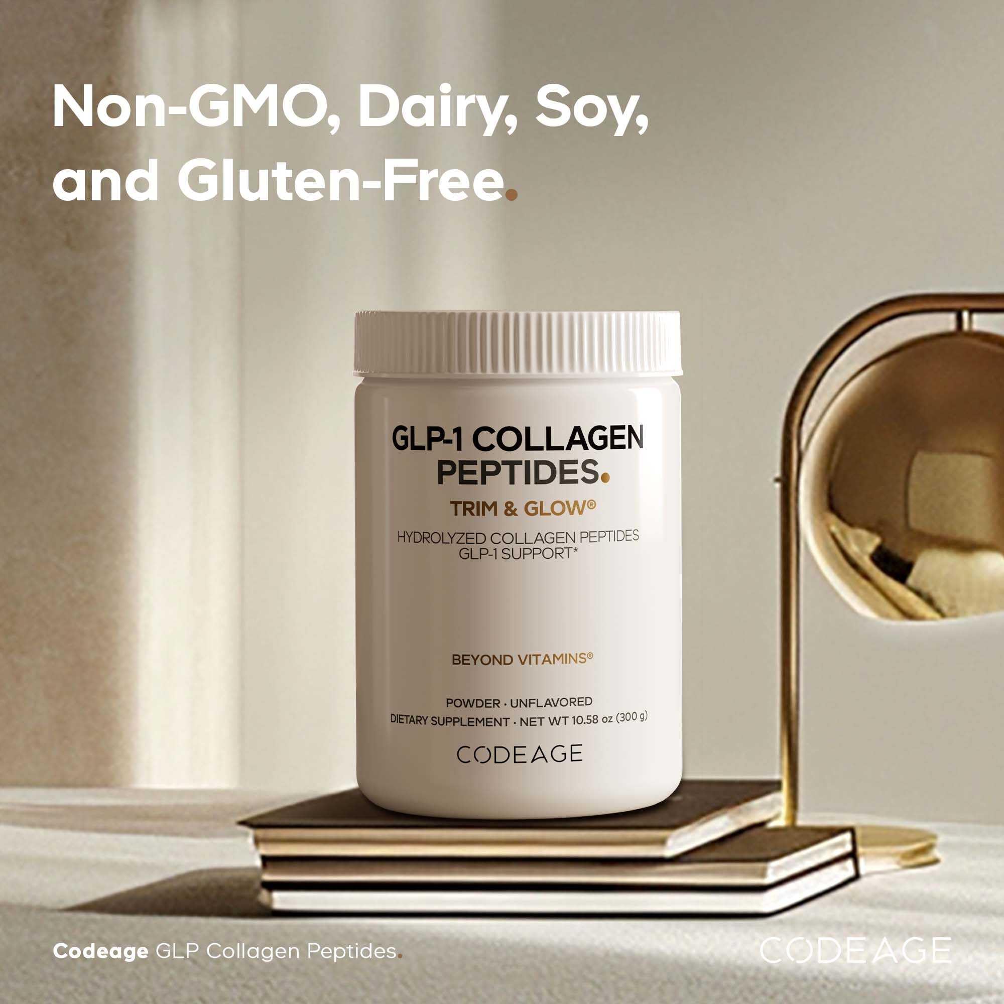 Codeage GLP-1 Collagen Polvo, libre de OGM, opción limpia para nutrición diaria.