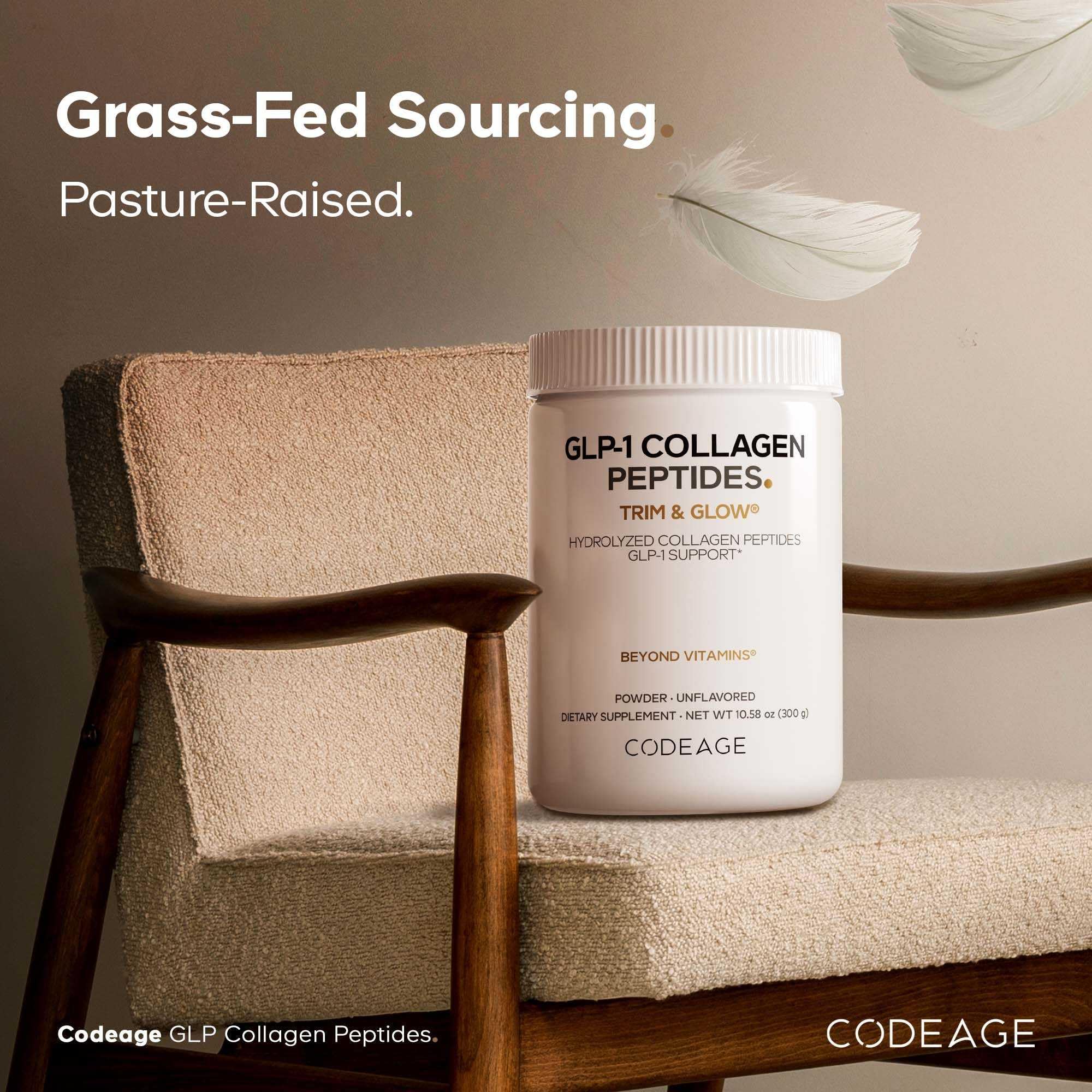 Codeage GLP-1 Collagen Polvo, textura hidrolizada, absorción fácil en líquidos.