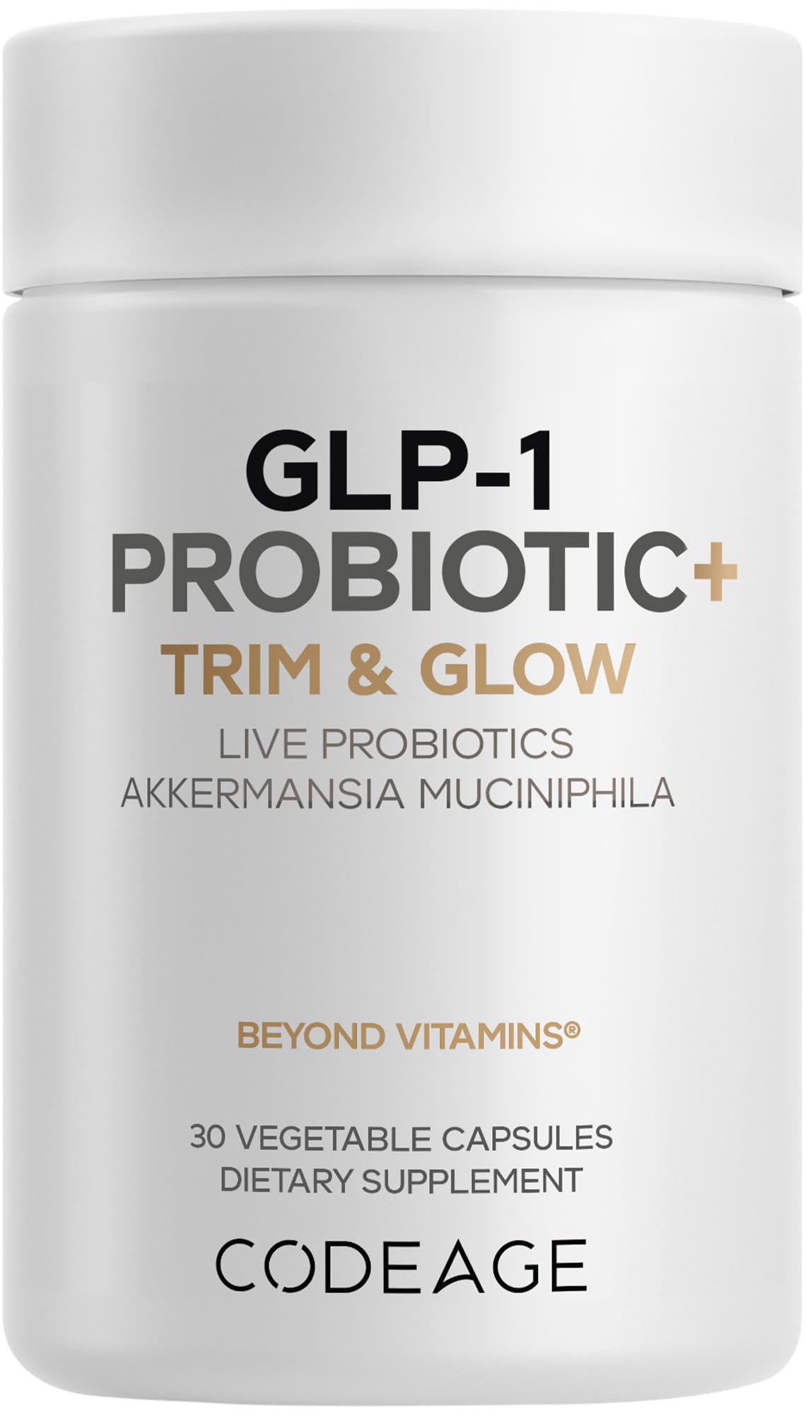 Codeage GLP-1 Probiotic+ botella frontal, apoyo diario al bienestar intestinal