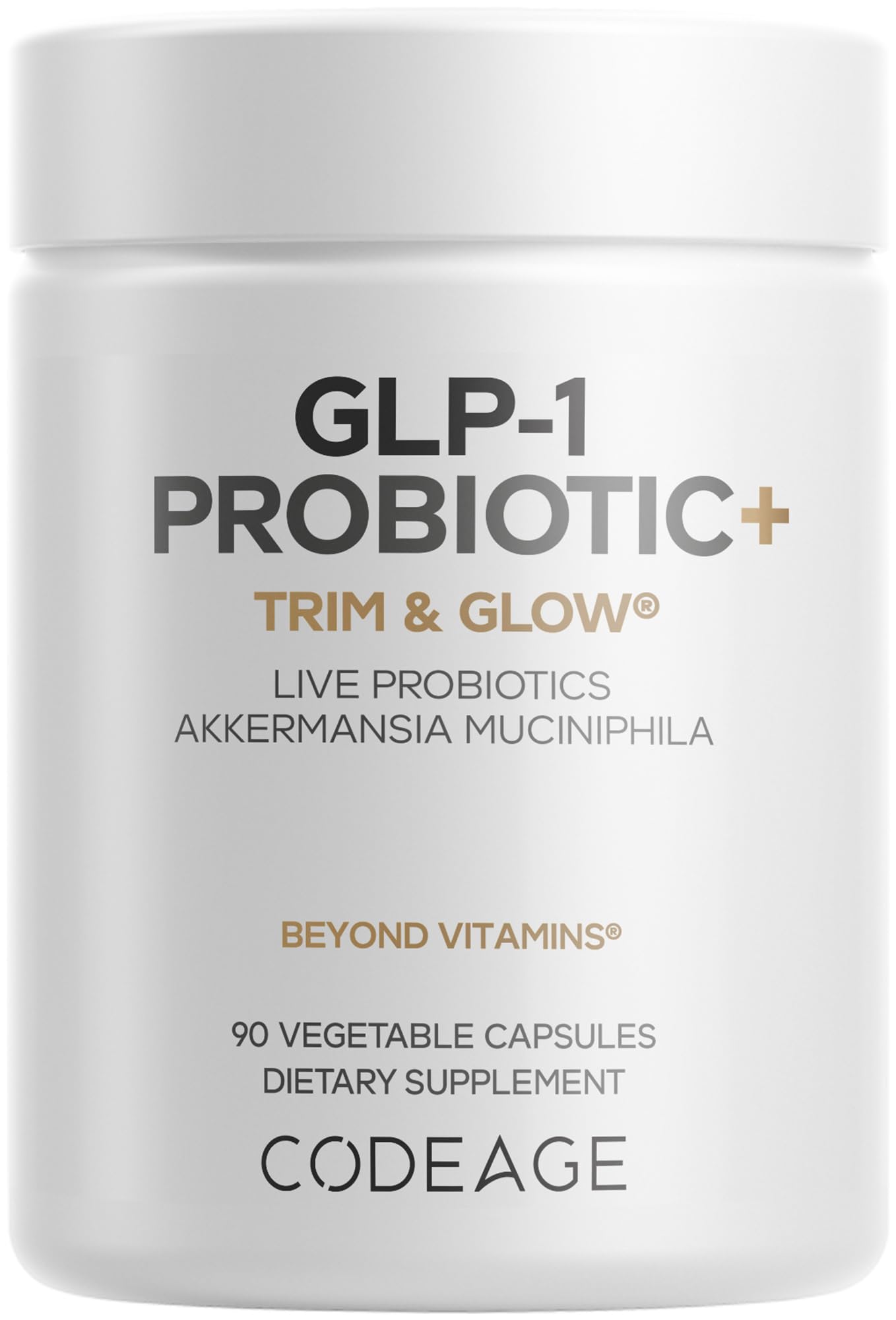 Codeage GLP-1 Probiótico+ botella, primer plano y dosis diaria.