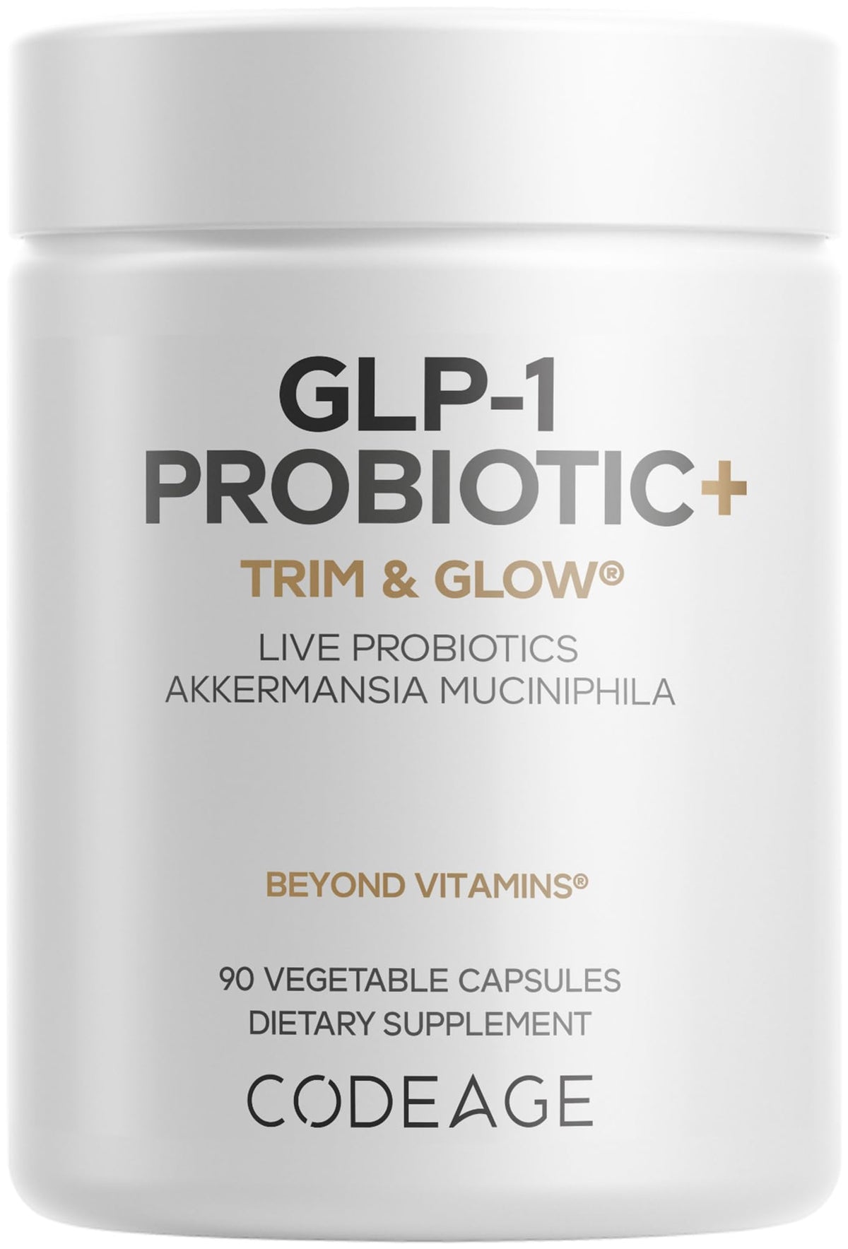 Codeage GLP-1 Probiótico+ botella, primer plano y dosis diaria.