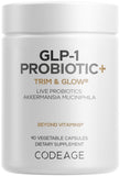 Codeage GLP-1 Probiótico+ botella, primer plano y dosis diaria.