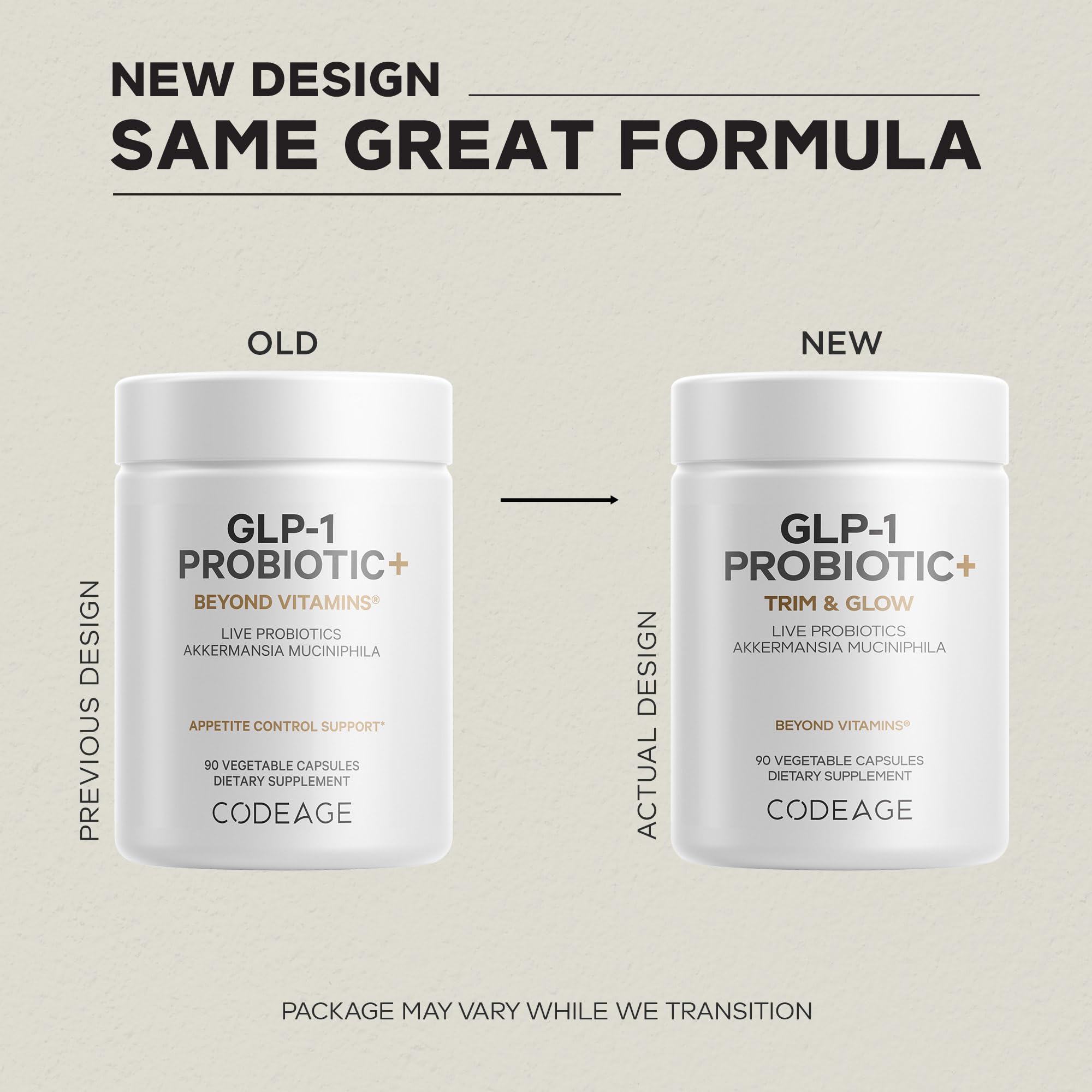 Codeage GLP-1 Probiótico+ etiqueta clara en la botella para compra consciente.