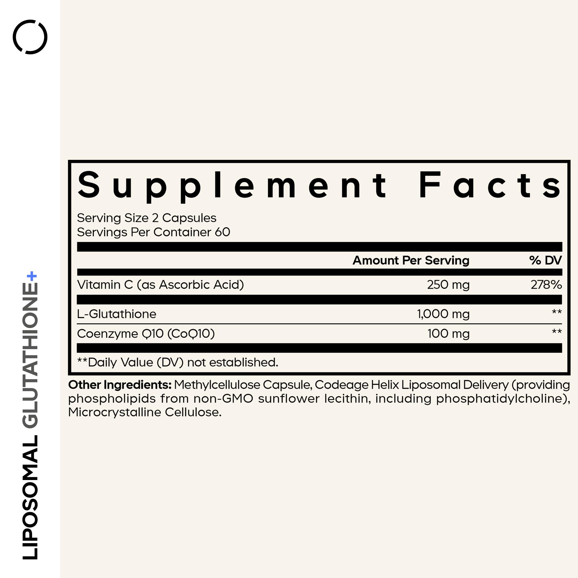 Codeage Glutatión Liposomado etiqueta frontal con información clara de ingredientes.