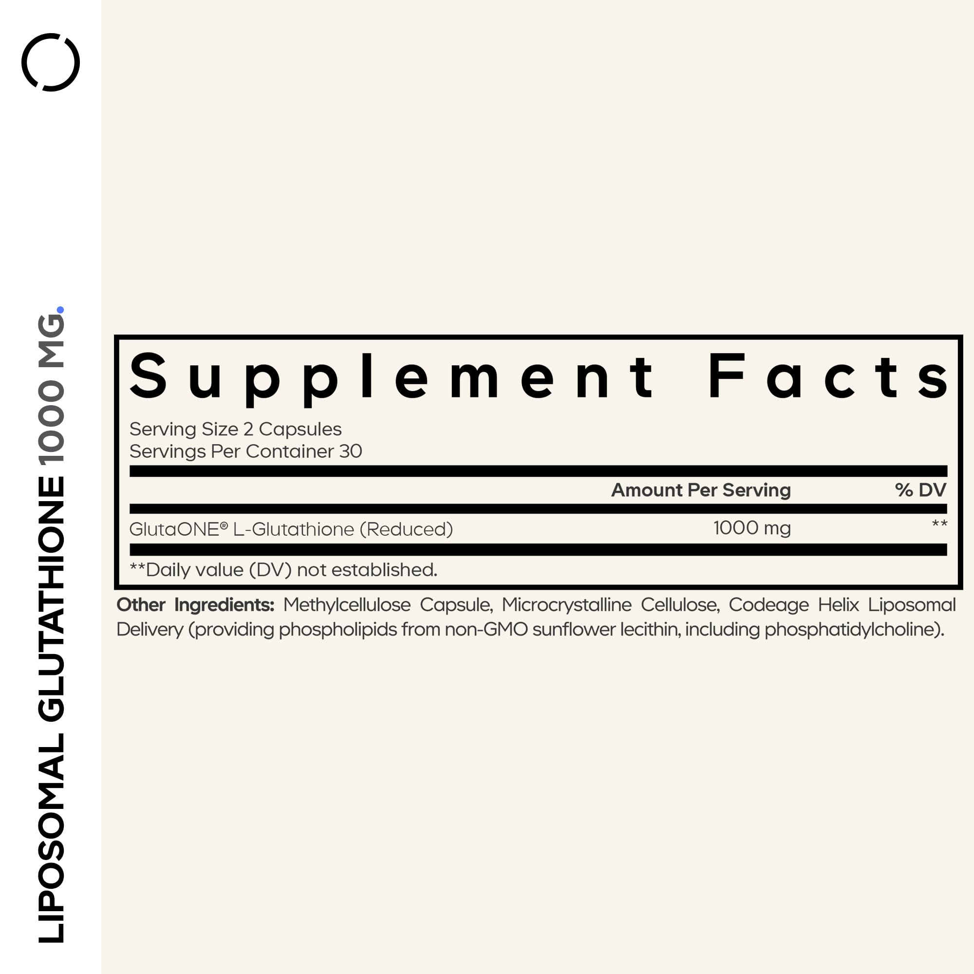 Etiqueta nutricional clara de Codeage Glutatión Liposomado 1000 mg