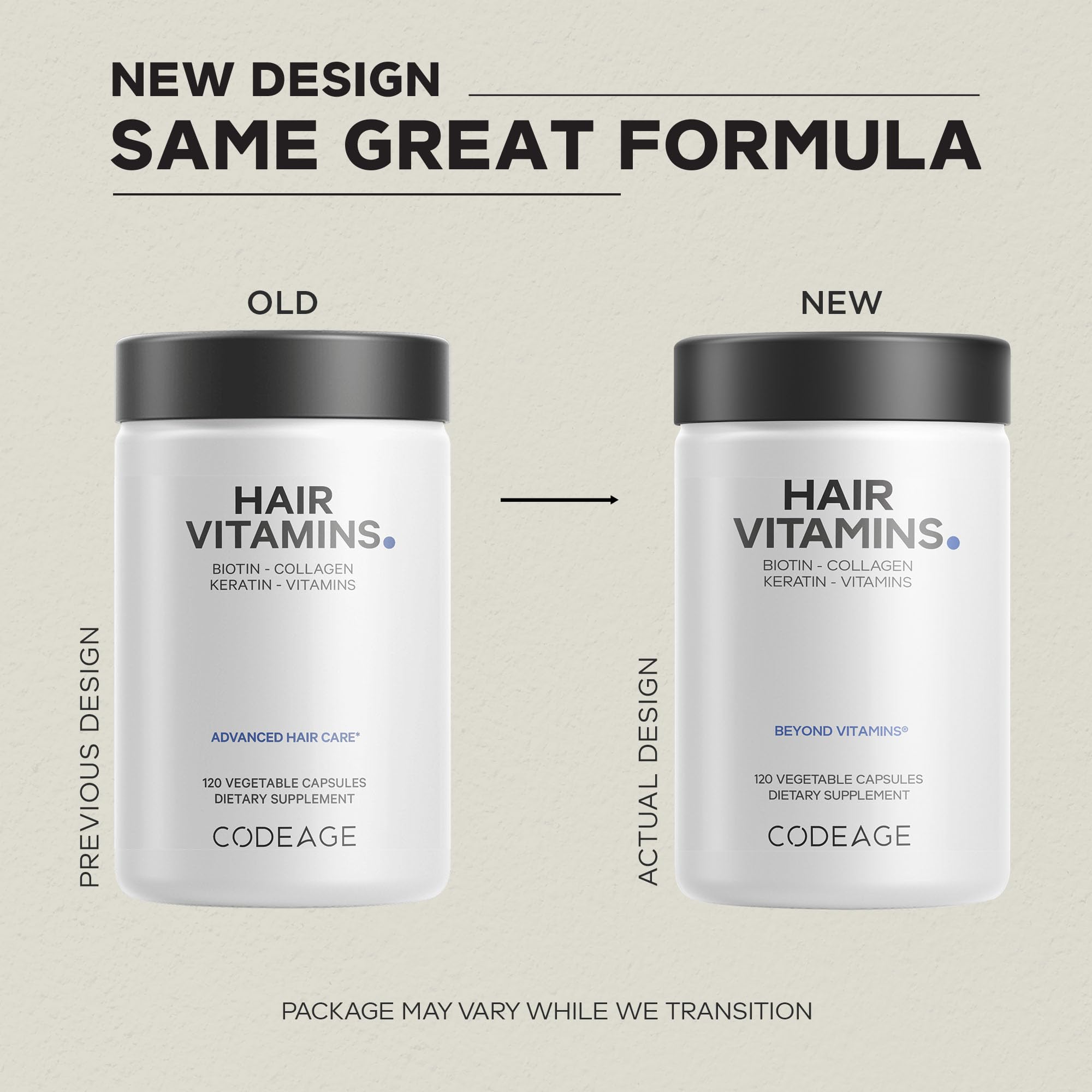 Capsulas de Codeage Hair Vitamins listas para uso diario.