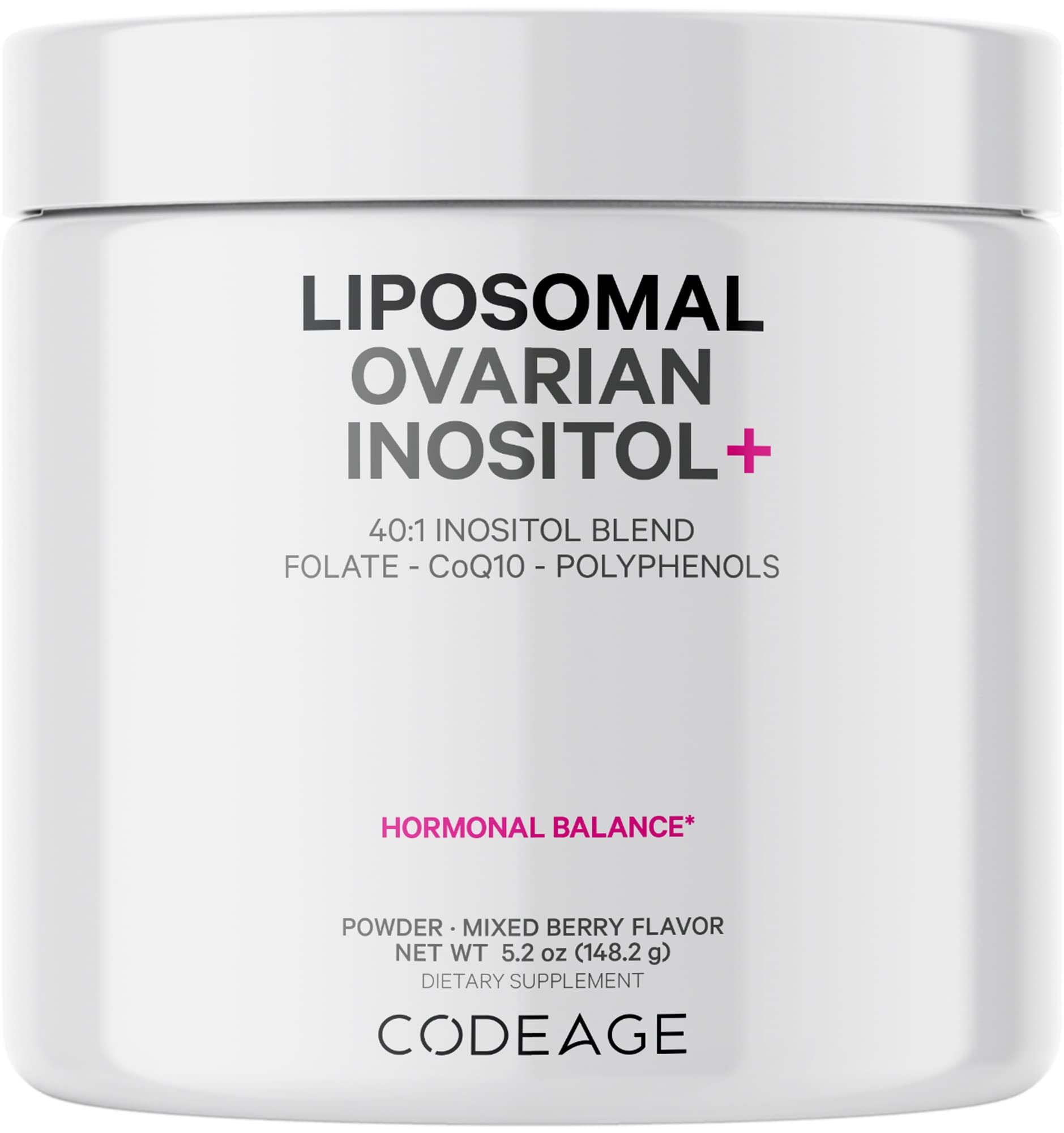 Codeage inositol liposómico ovárico: botella con etiqueta y sabor frutos rojos.