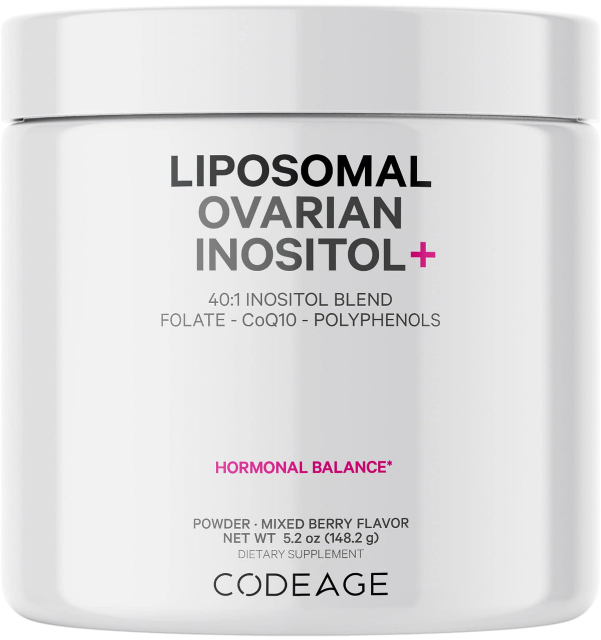 Codeage inositol liposómico ovárico: botella con etiqueta y sabor frutos rojos.