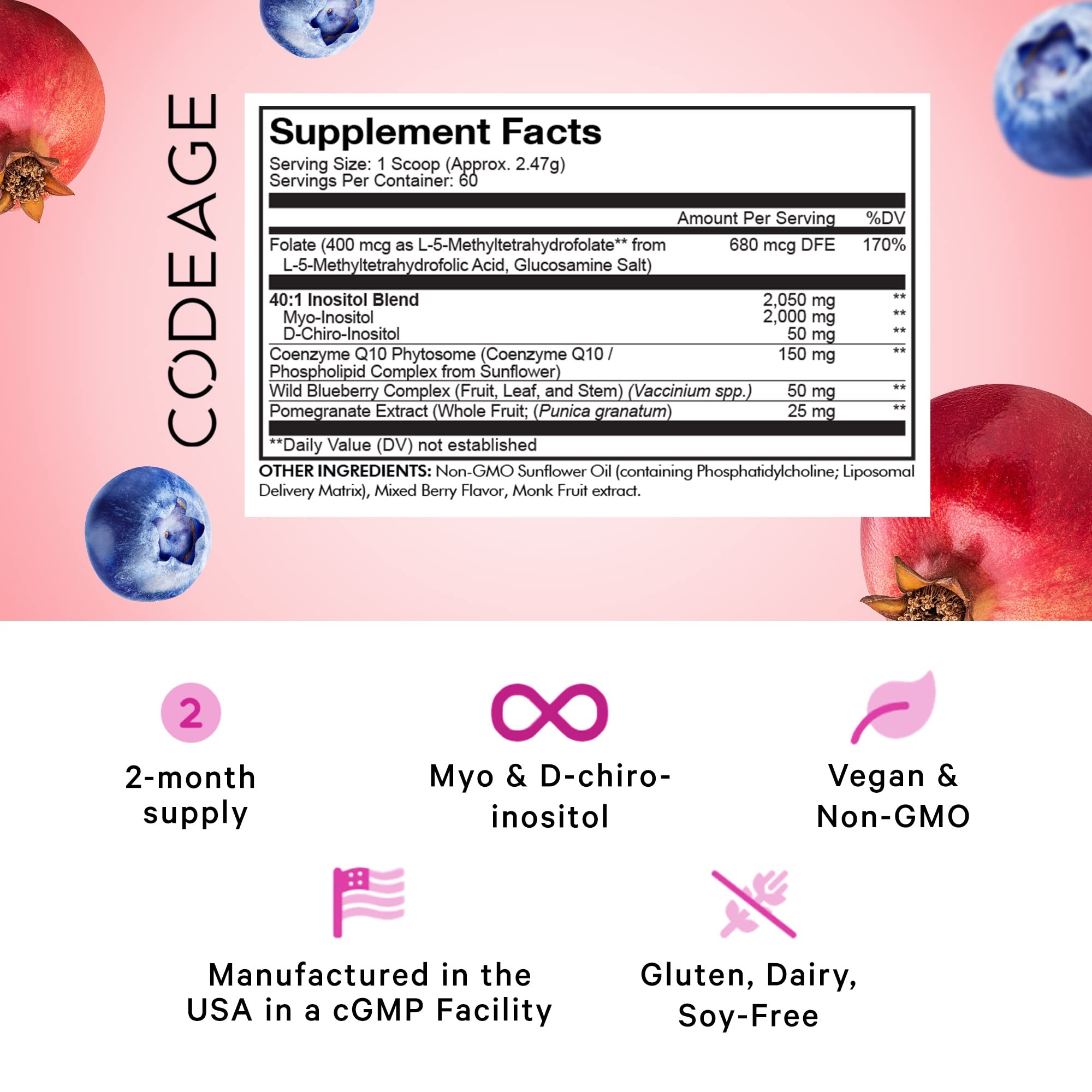 Codeage inositol liposómico ovárico: cucharilla medidora para porciones fáciles.