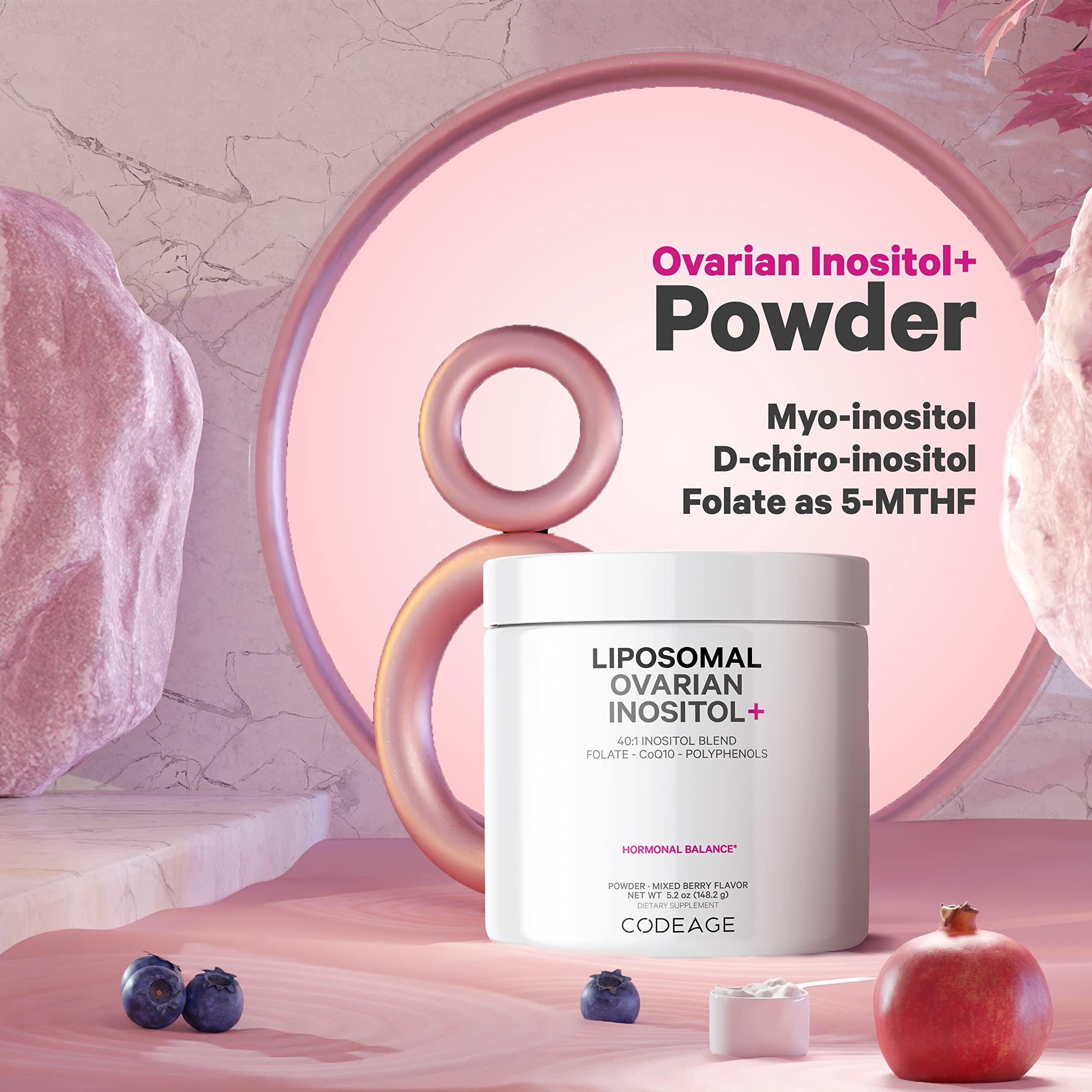 Codeage inositol liposómico ovárico: etiqueta frontal resalta formato vegano.