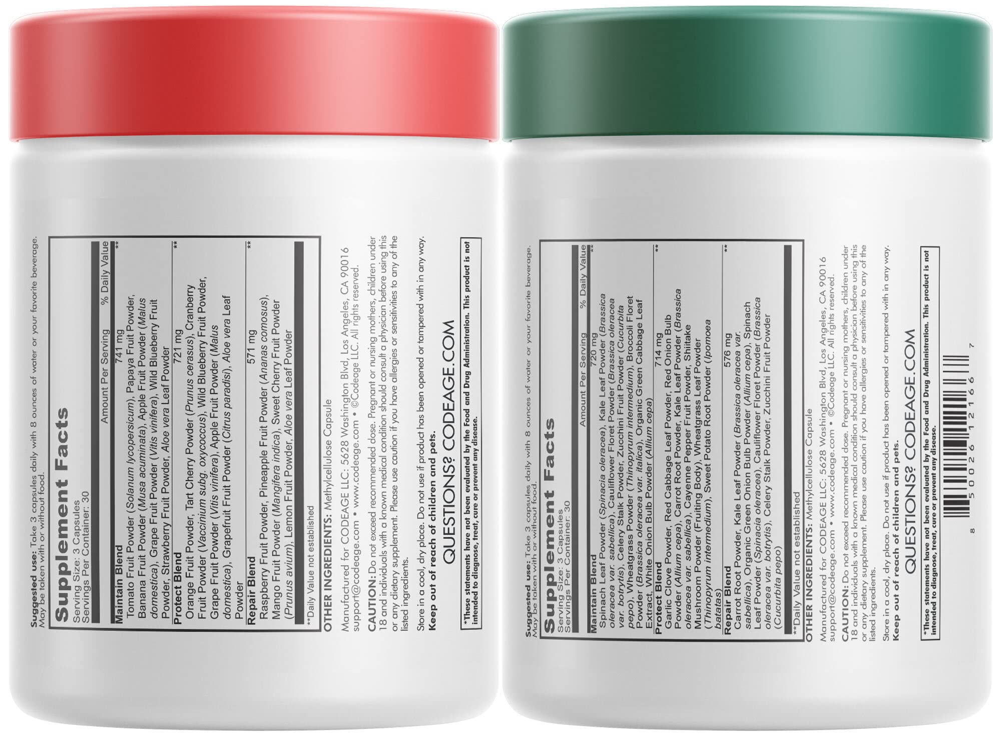 Codeage InstantFood Fast Fruits, frasco, cápsulas con mezcla de frutas para nutrientes naturales.
