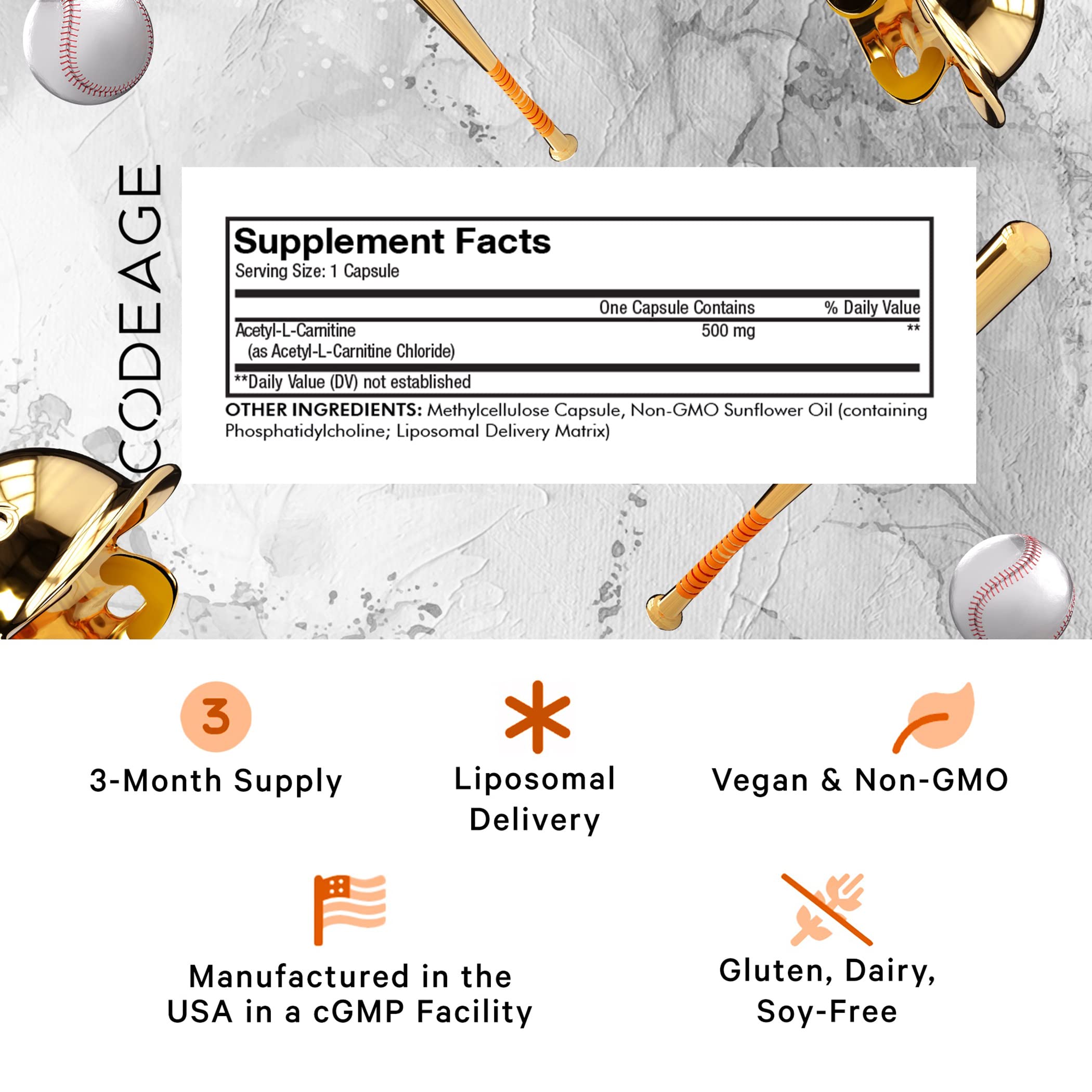 Codeage Liposomal Acetyl-L-Carnitine: cápsulas y etiqueta legible para confianza en la dosificación.