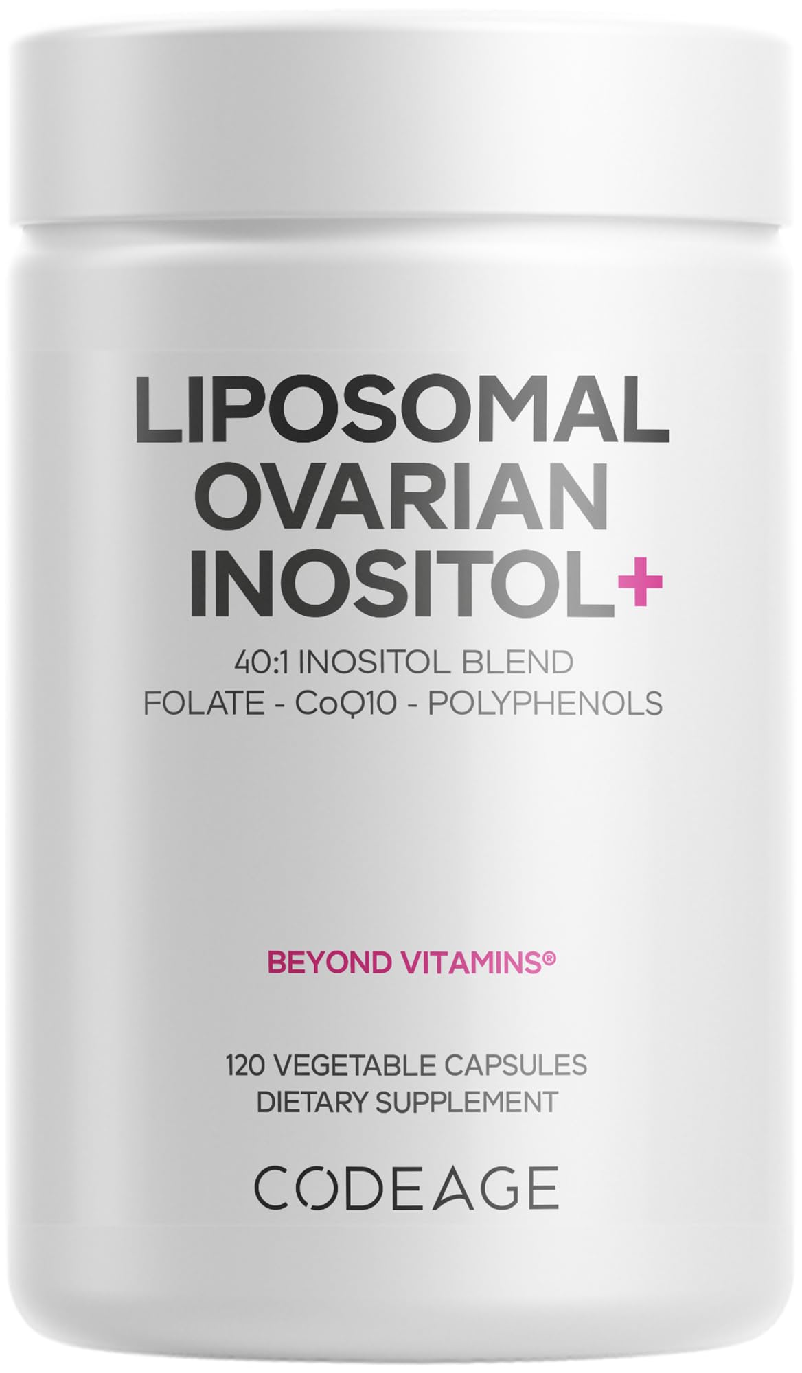 Codeage Liposomal Ovarian Inositol+ en bote de cápsulas para uso diario suave