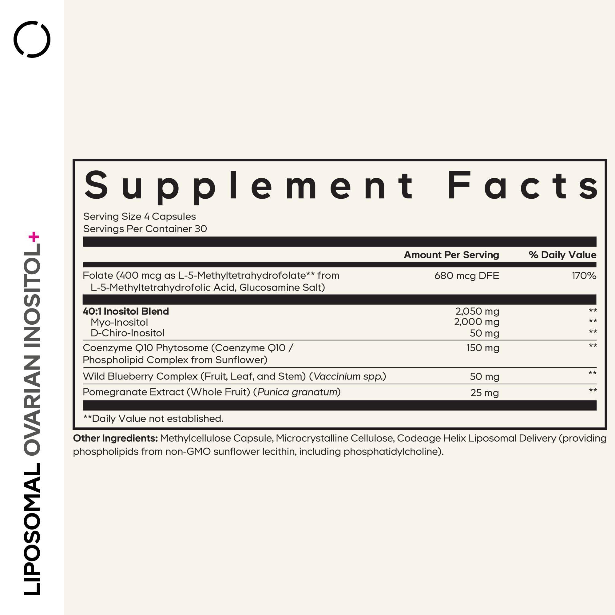 Codeage Liposomal Ovarian Inositol+ etiqueta frontal que destaca el blend 40:1